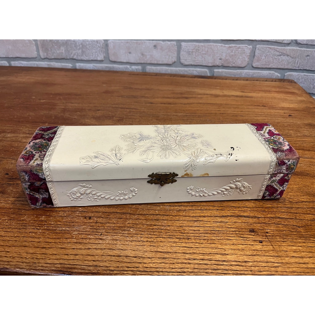 Antique Vintage 1900s Victorian Celluloid Vanity Dresser Box Embossed Floral White