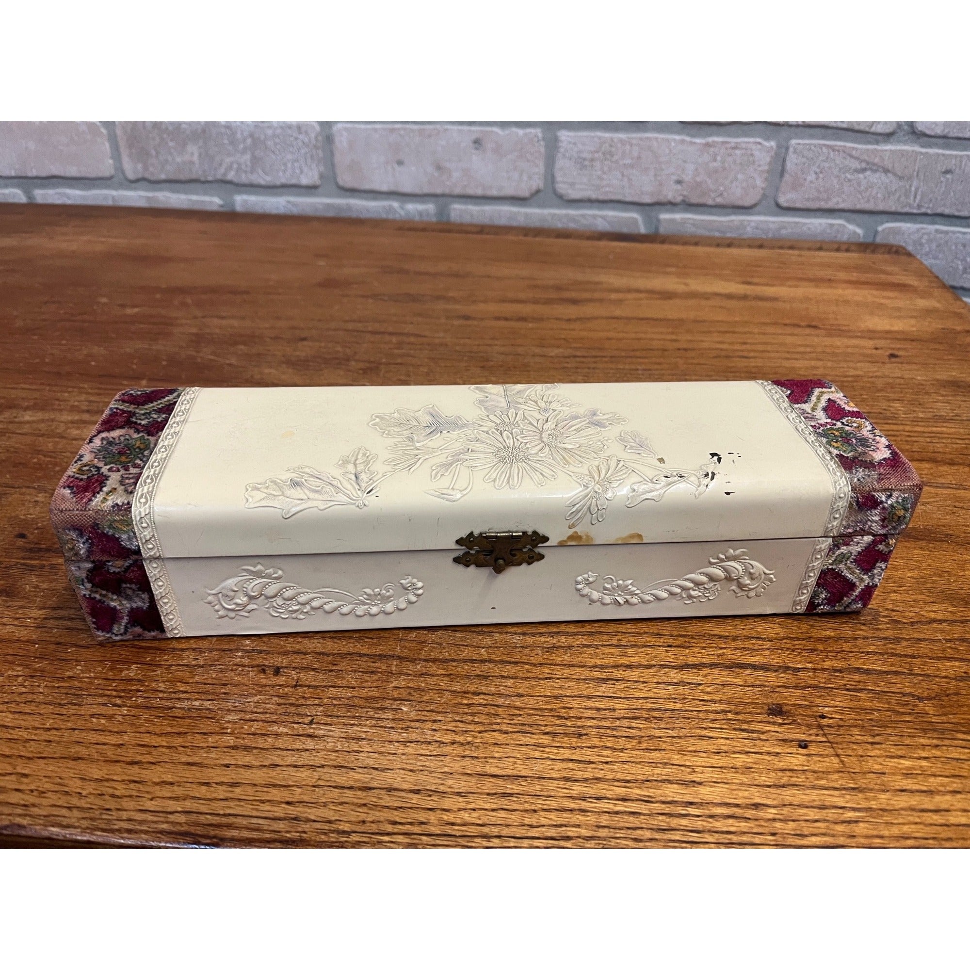 Antique Vintage 1900s Victorian Celluloid Vanity Dresser Box Embossed Floral White
