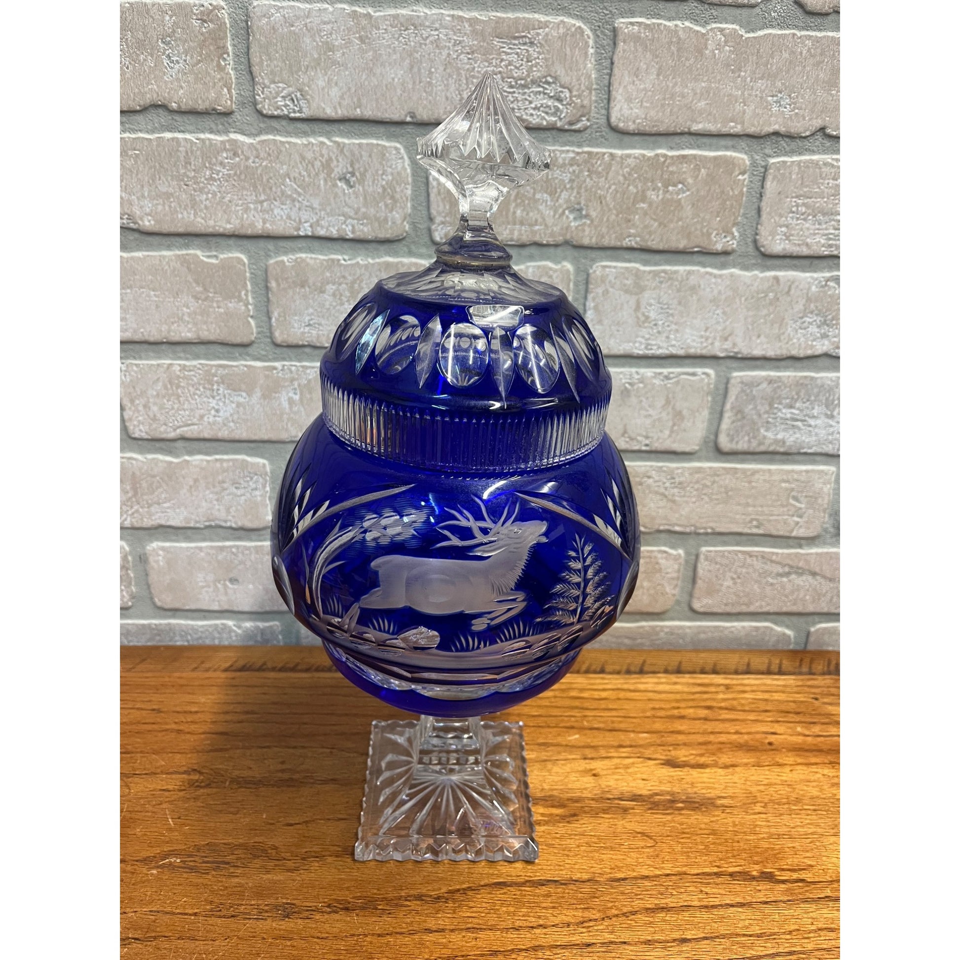 Antique Cobalt Blue Apothecary Lidded Jar Cut to Clear Czech Bohemian Drug Store