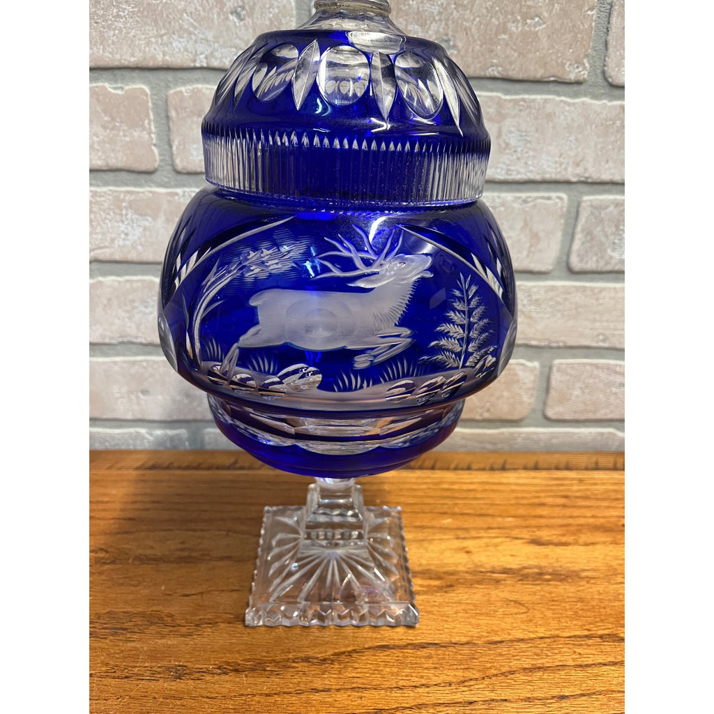 Antique Cobalt Blue Apothecary Lidded Jar Cut to Clear Czech Bohemian Drug Store