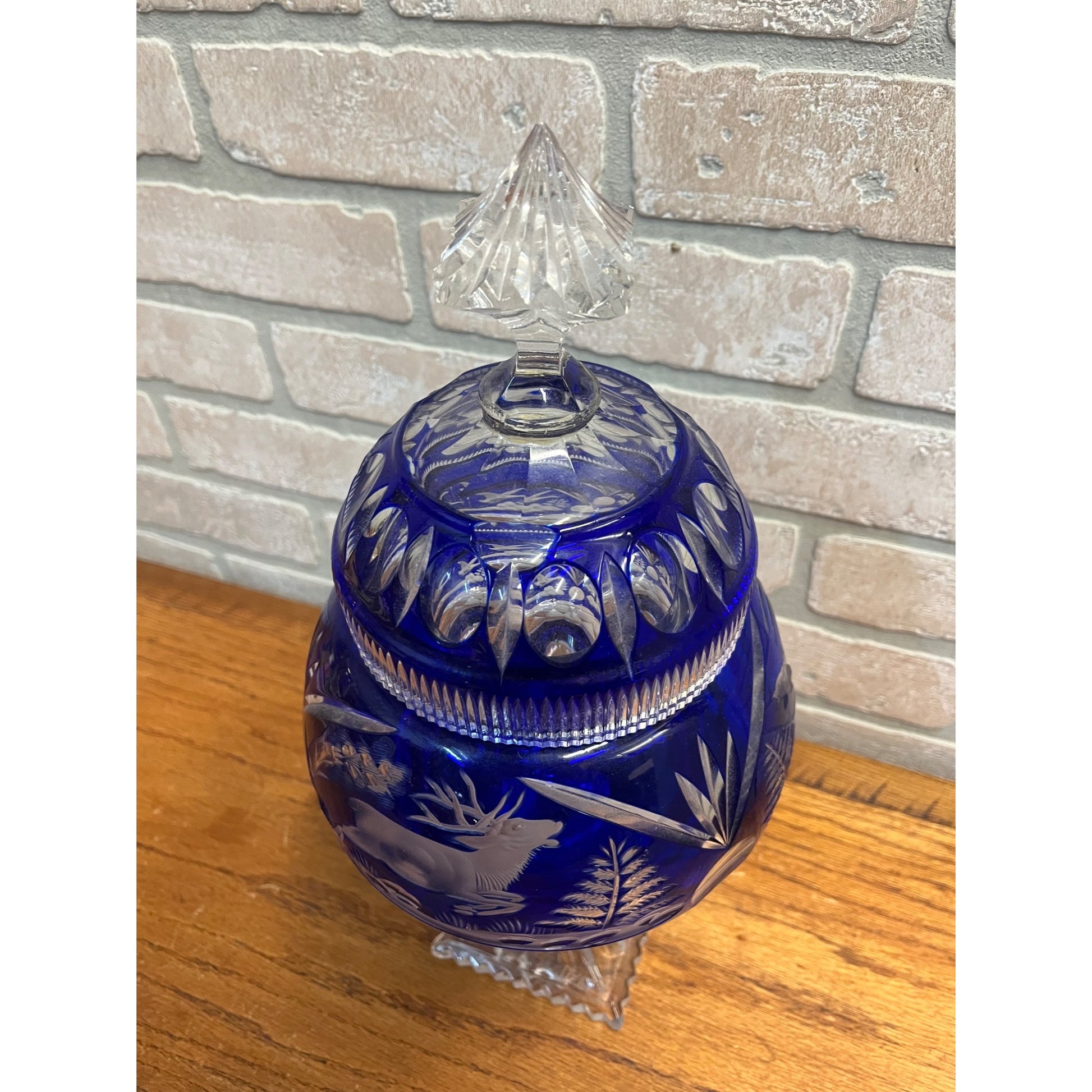 Antique Cobalt Blue Apothecary Lidded Jar Cut to Clear Czech Bohemian Drug Store