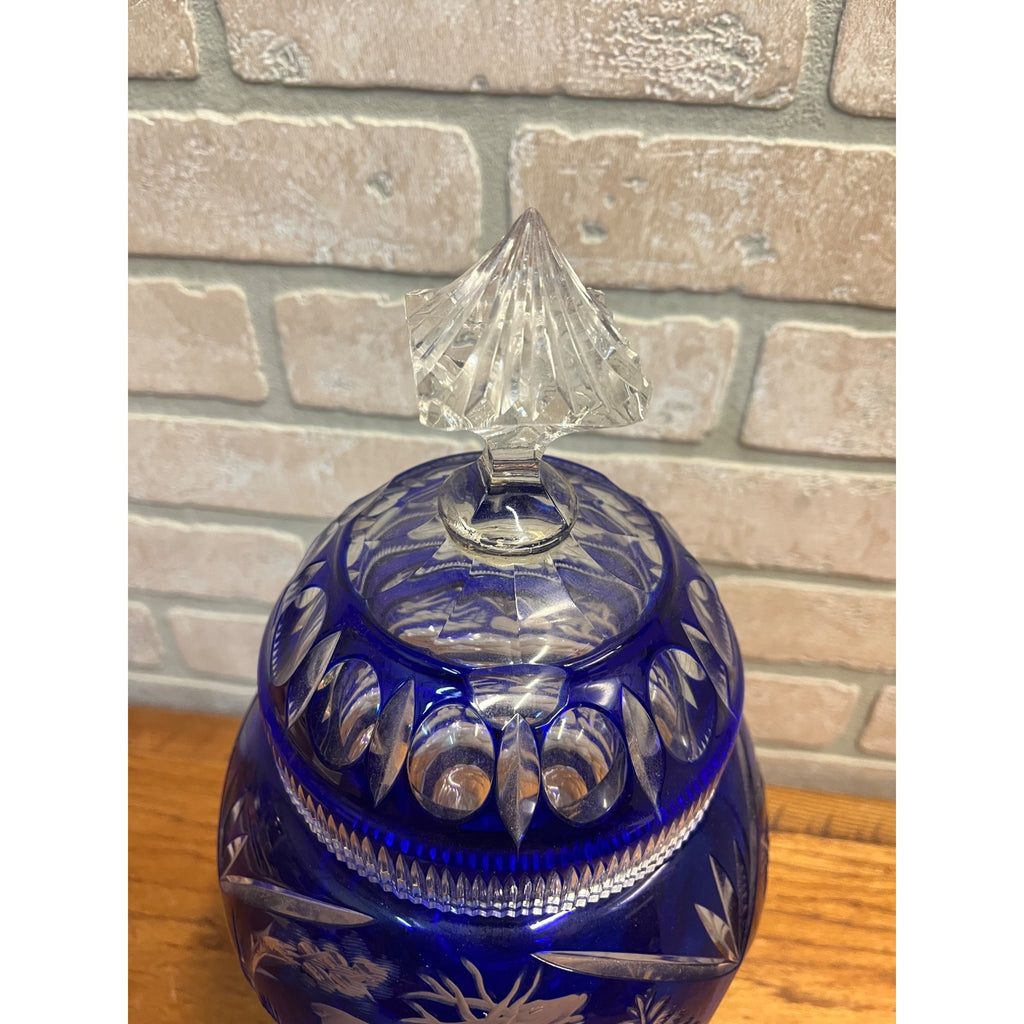 Antique Cobalt Blue Apothecary Lidded Jar Cut to Clear Czech Bohemian Drug Store