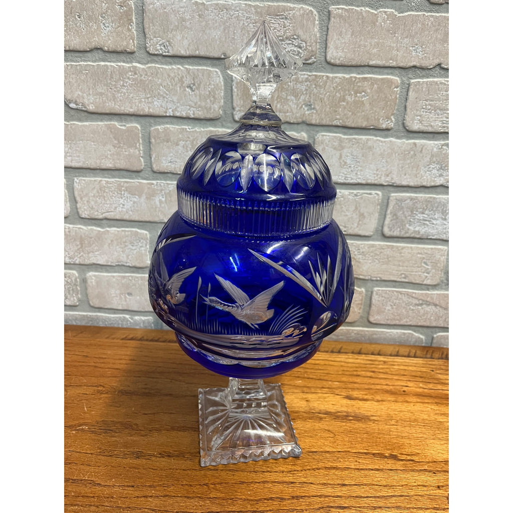 Antique Cobalt Blue Apothecary Lidded Jar Cut to Clear Czech Bohemian Drug Store