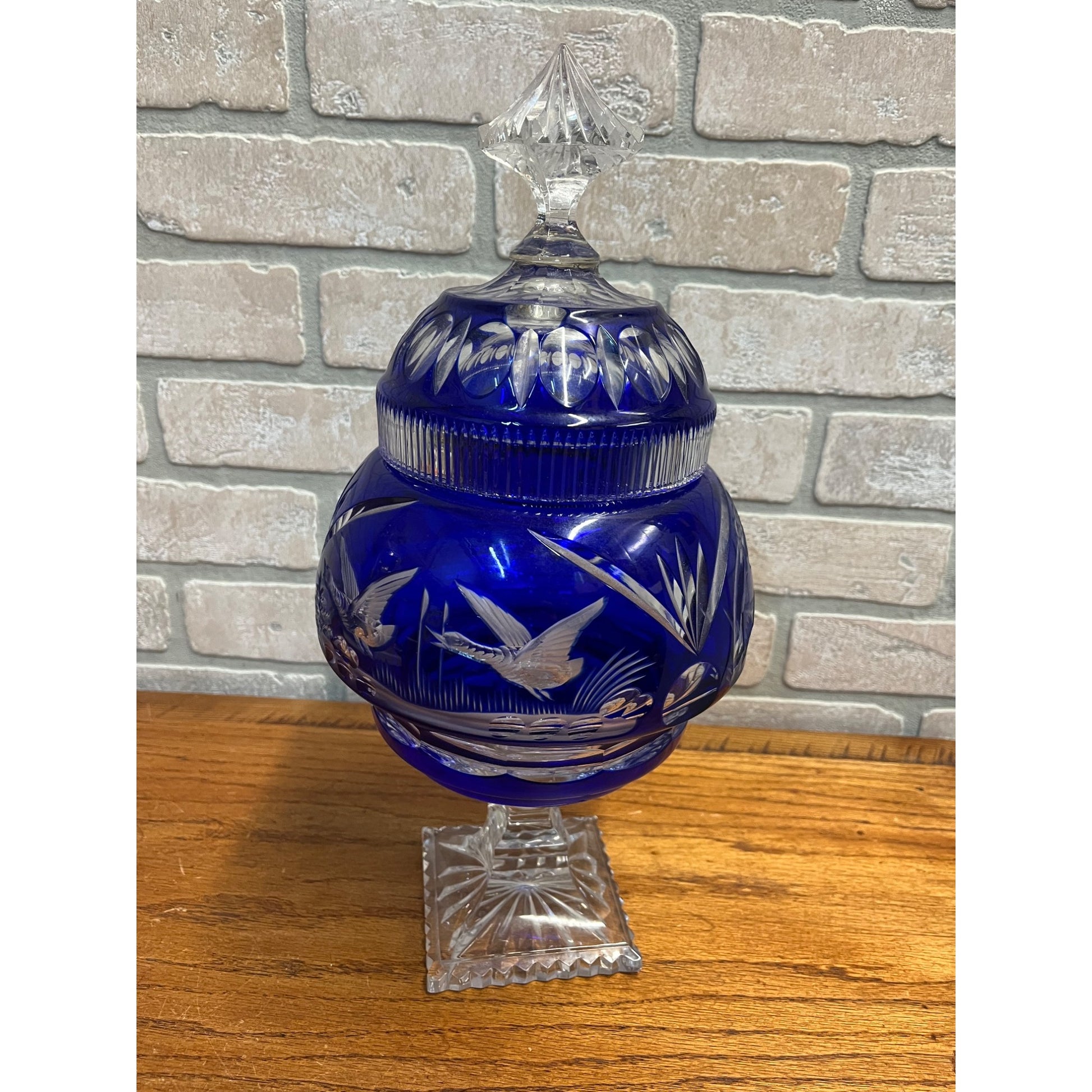 Antique Cobalt Blue Apothecary Lidded Jar Cut to Clear Czech Bohemian Drug Store