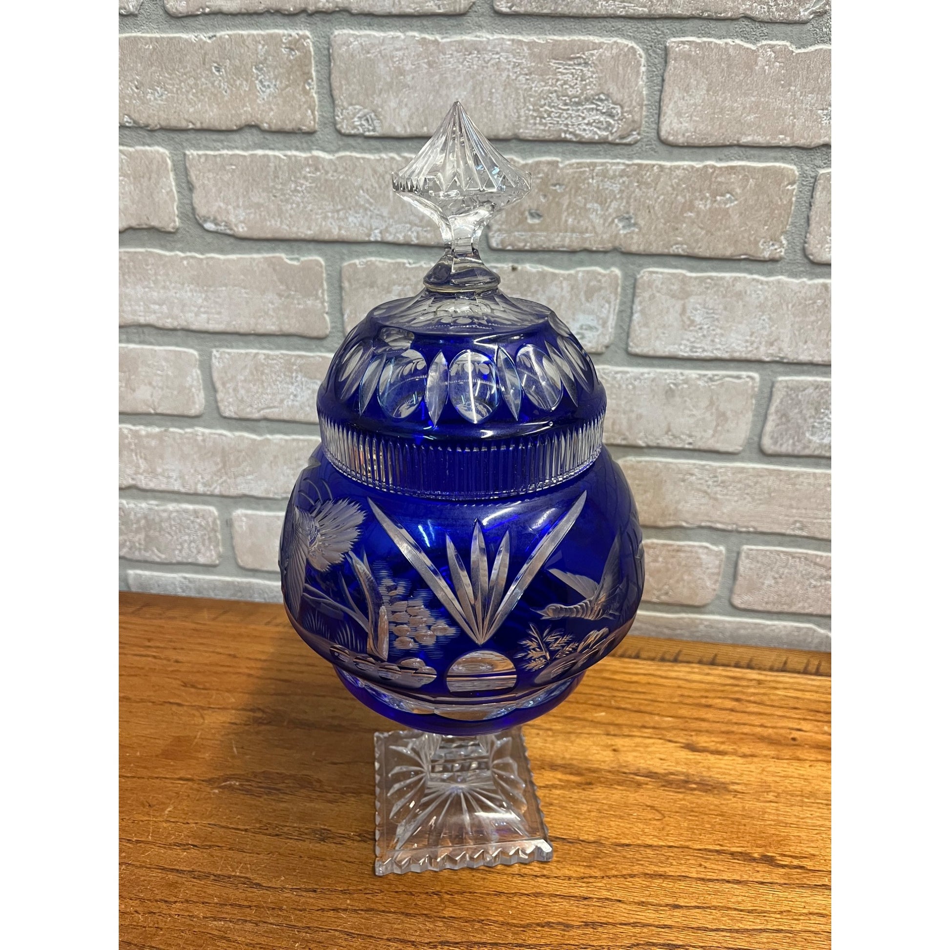 Antique Cobalt Blue Apothecary Lidded Jar Cut to Clear Czech Bohemian Drug Store