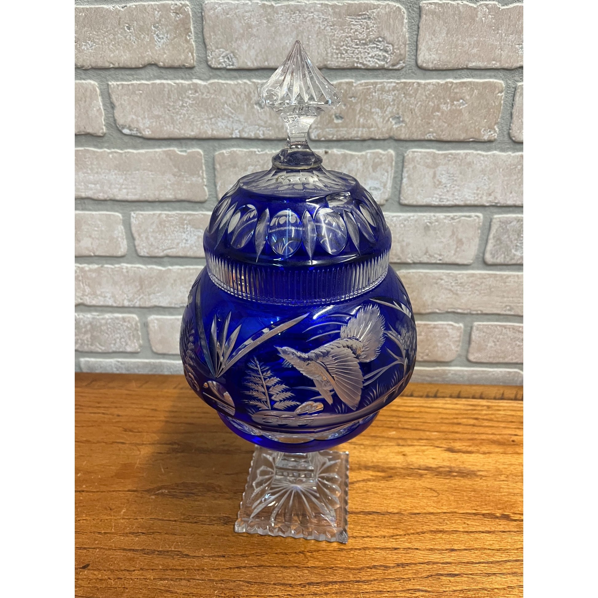 Antique Cobalt Blue Apothecary Lidded Jar Cut to Clear Czech Bohemian Drug Store