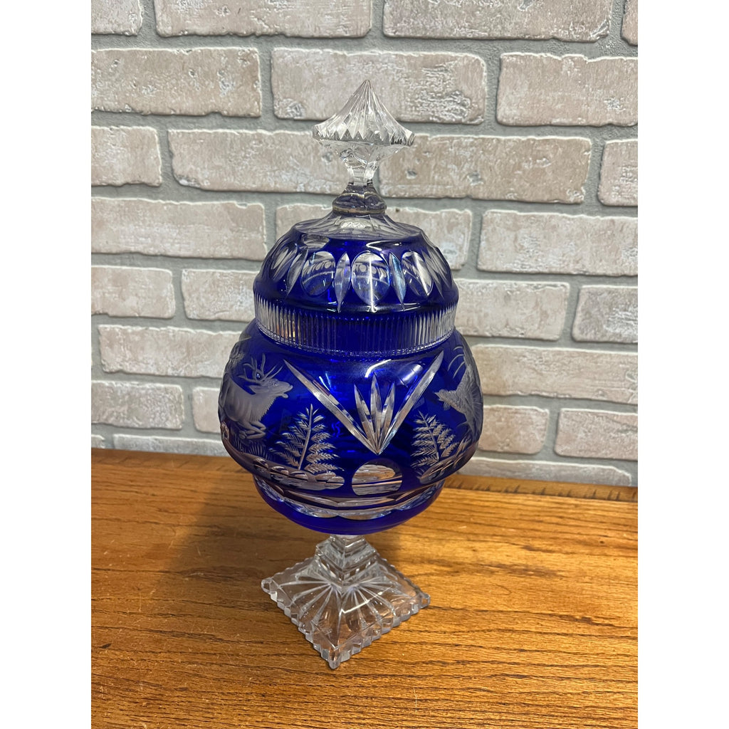 Antique Cobalt Blue Apothecary Lidded Jar Cut to Clear Czech Bohemian Drug Store