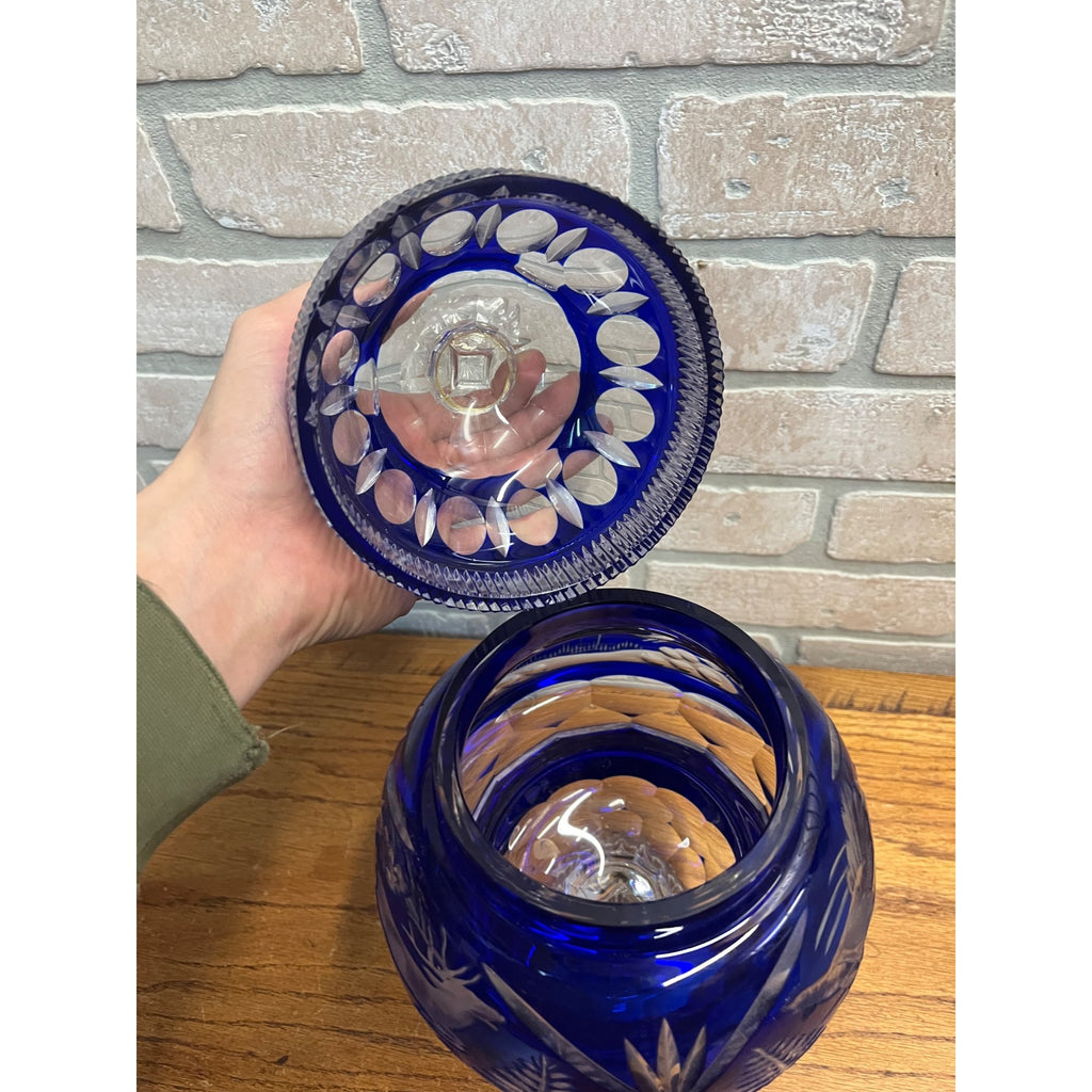 Antique Cobalt Blue Apothecary Lidded Jar Cut to Clear Czech Bohemian Drug Store
