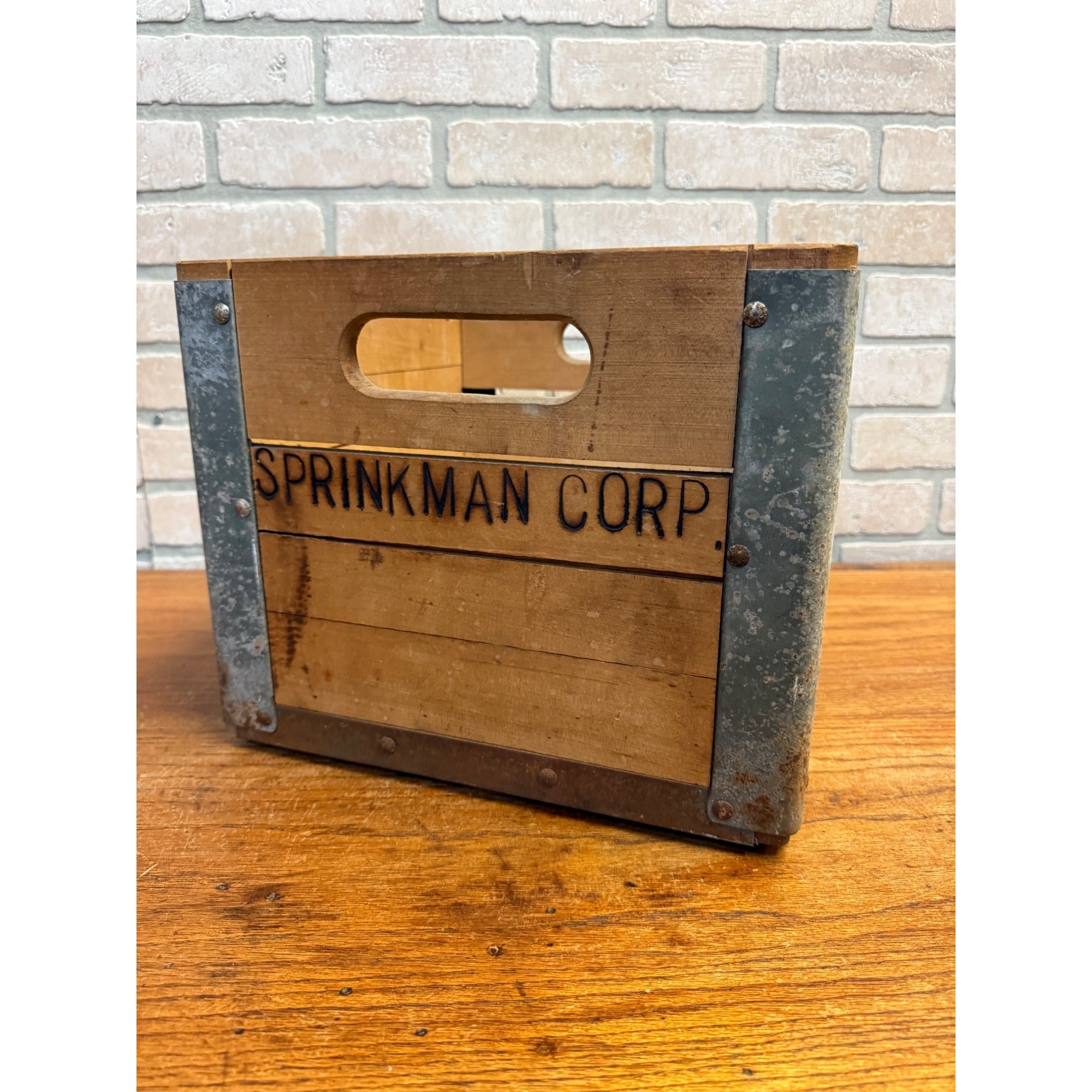 Vintage Sprinkman Corp. Wooden Crate Milk Galvanized Reinforced Sides WI Dairy Beverage Supplier Primitive Decor