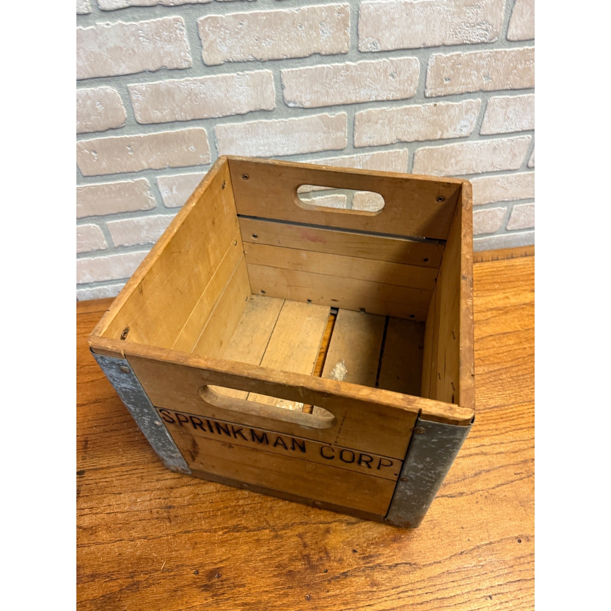 Vintage Sprinkman Corp. Wooden Crate Milk Galvanized Reinforced Sides WI Dairy Beverage Supplier Primitive Decor