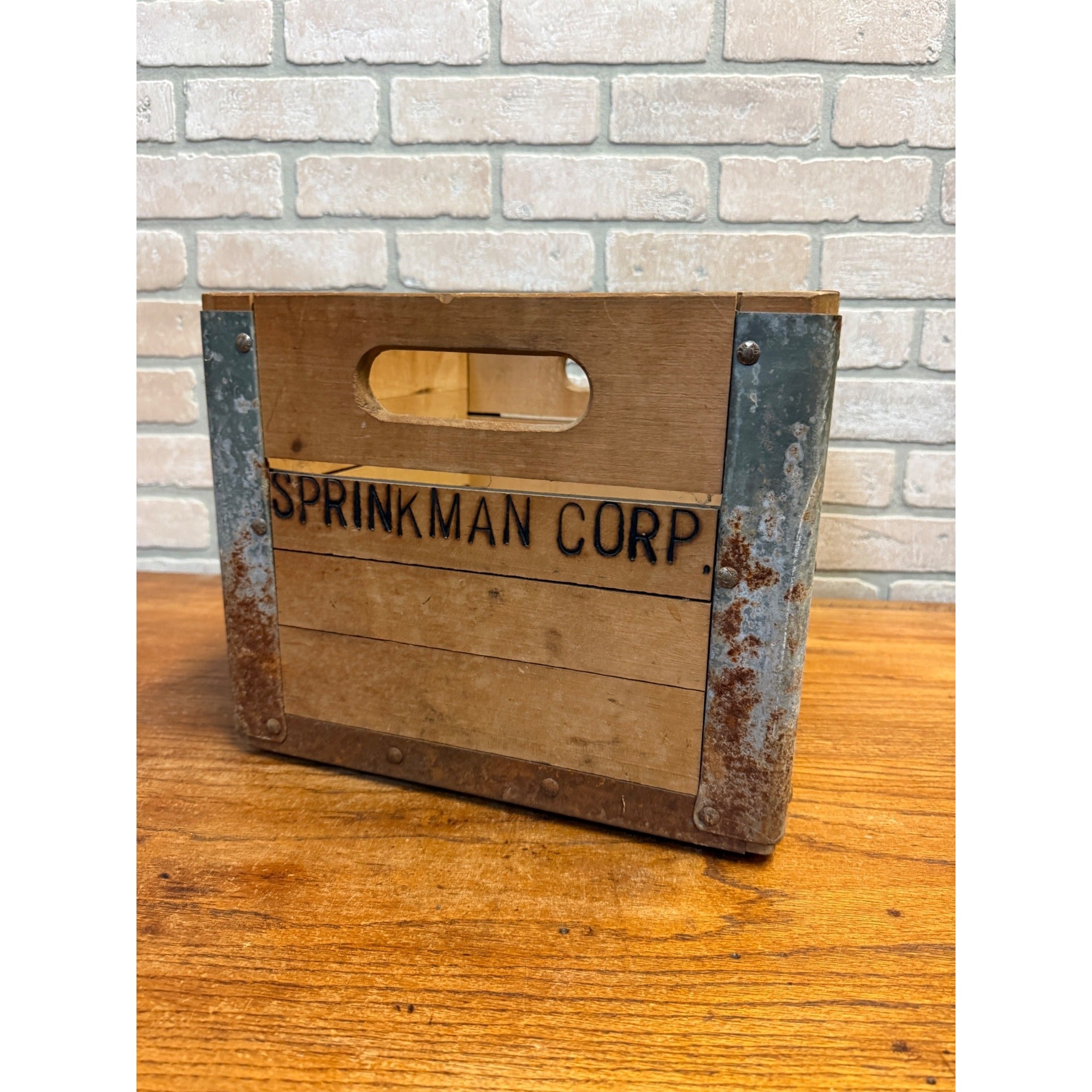 Vintage Sprinkman Corp. Wooden Crate Milk Galvanized Reinforced Sides WI Dairy Beverage Supplier Primitive Decor