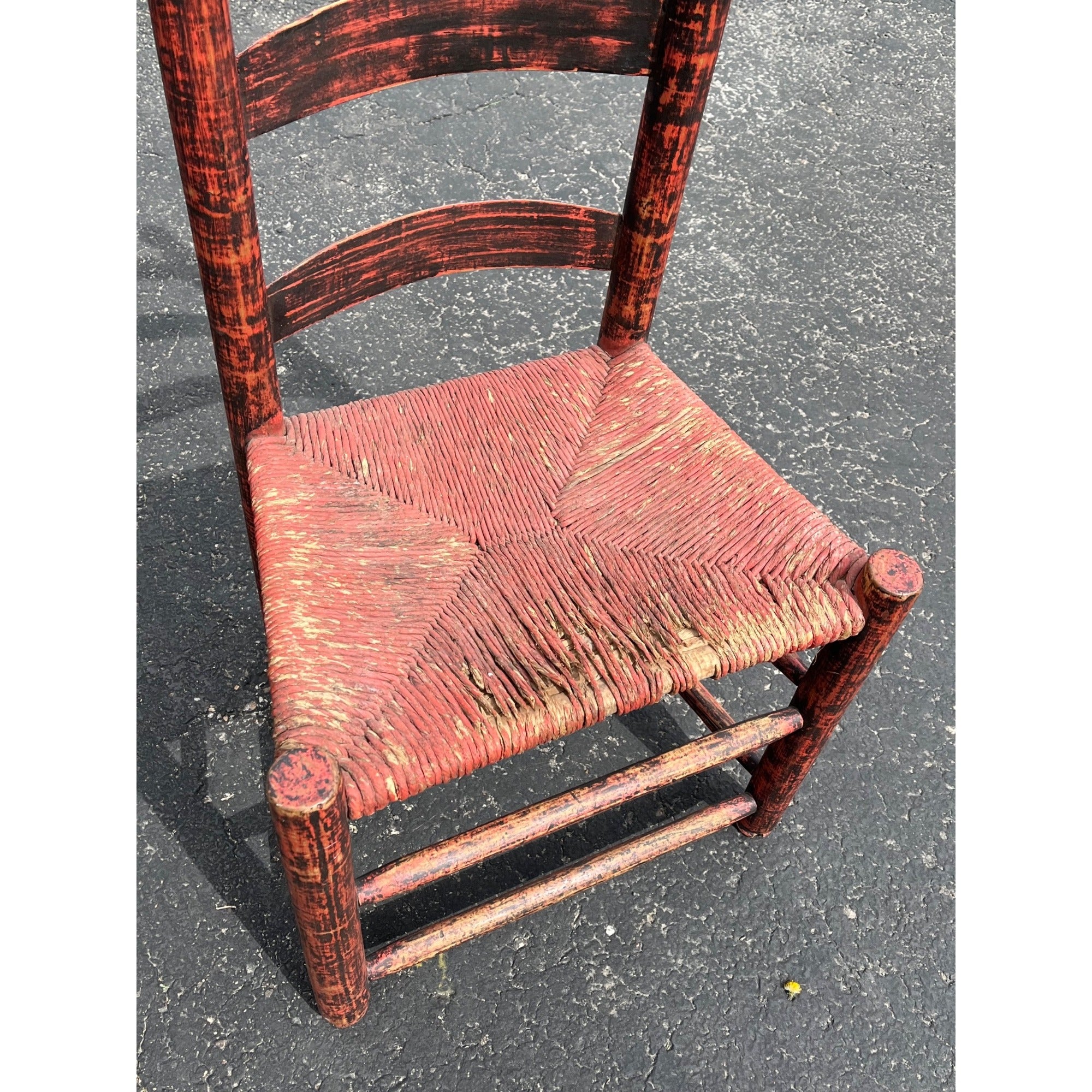 Antique Primitive 19th c. American Primitive Ladderback Rush Seat Chair Painted Folk Art 1830s Civil War Era