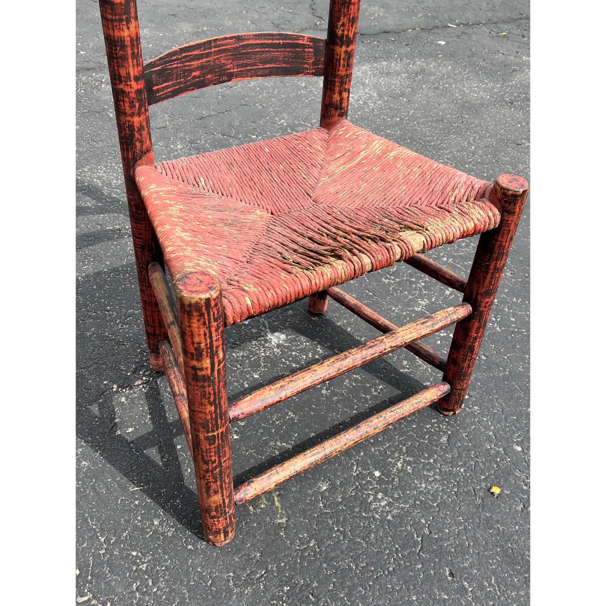 Antique Primitive 19th c. American Primitive Ladderback Rush Seat Chair Painted Folk Art 1830s Civil War Era