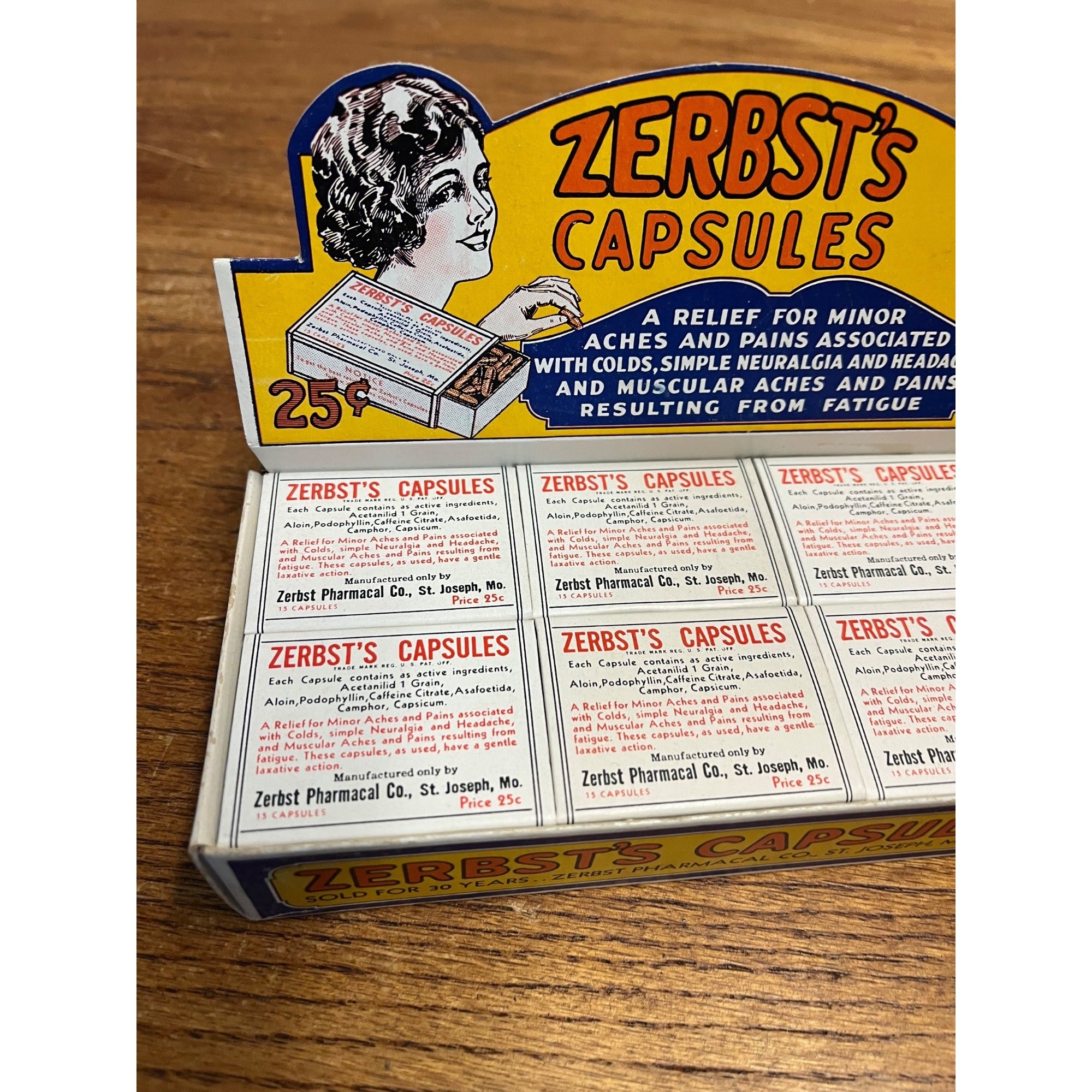 Vintage Zerbst's Capsules Full Drug Store Display Box w/ 12 Boxes Advertising
