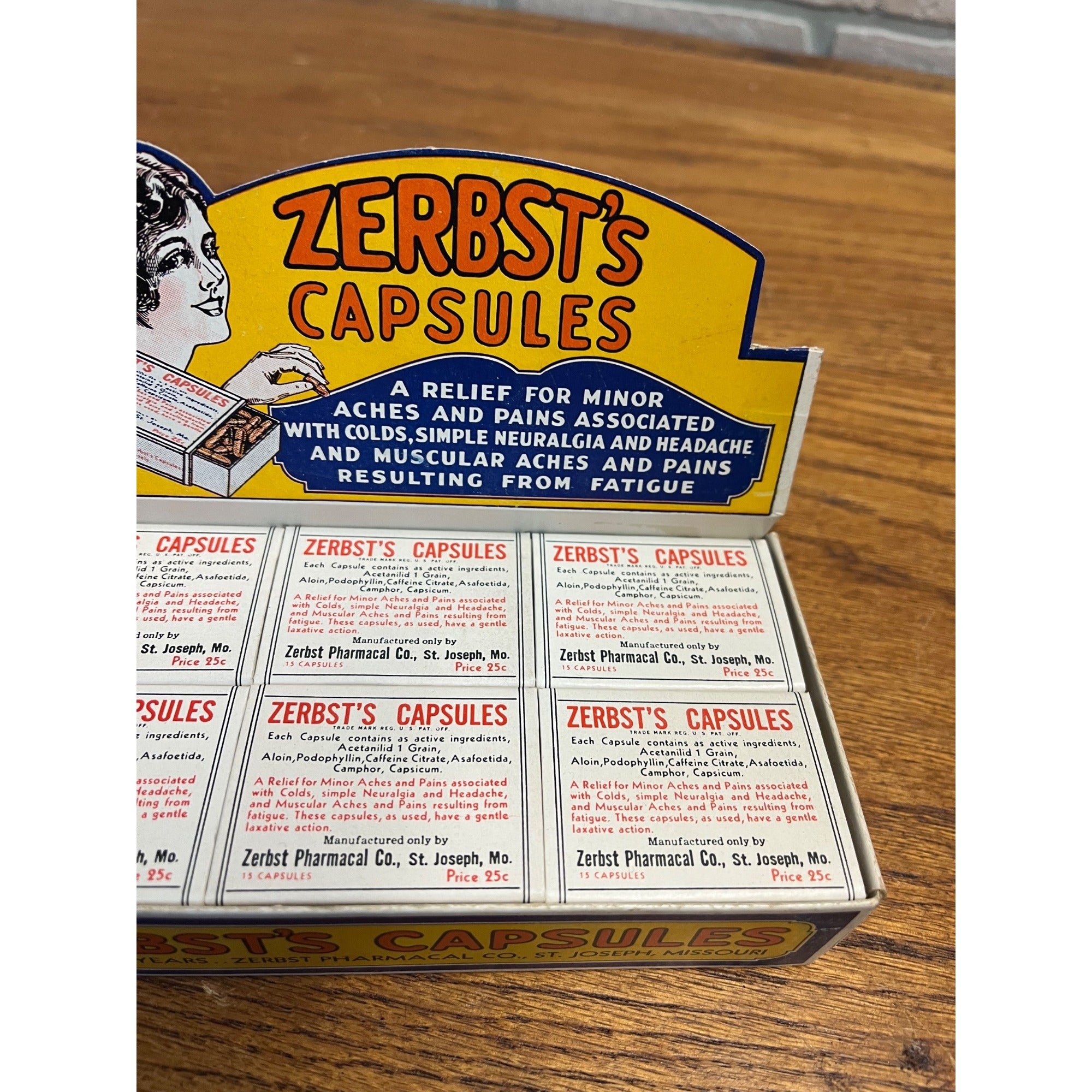 Vintage Zerbst's Capsules Full Drug Store Display Box w/ 12 Boxes Advertising