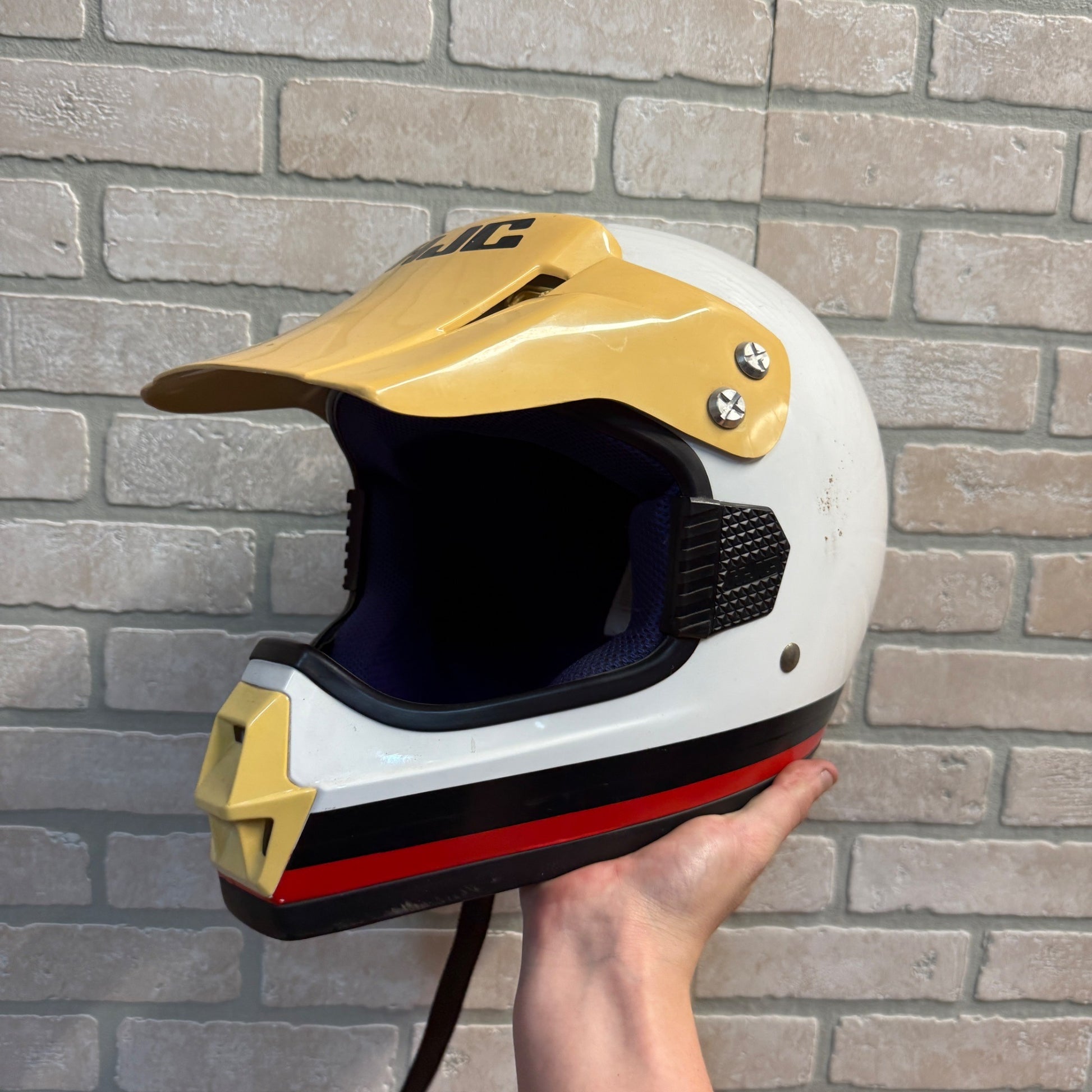 Vintage HJC White Red Black Stripe Motorcycle Racing Helmet Snowmobile