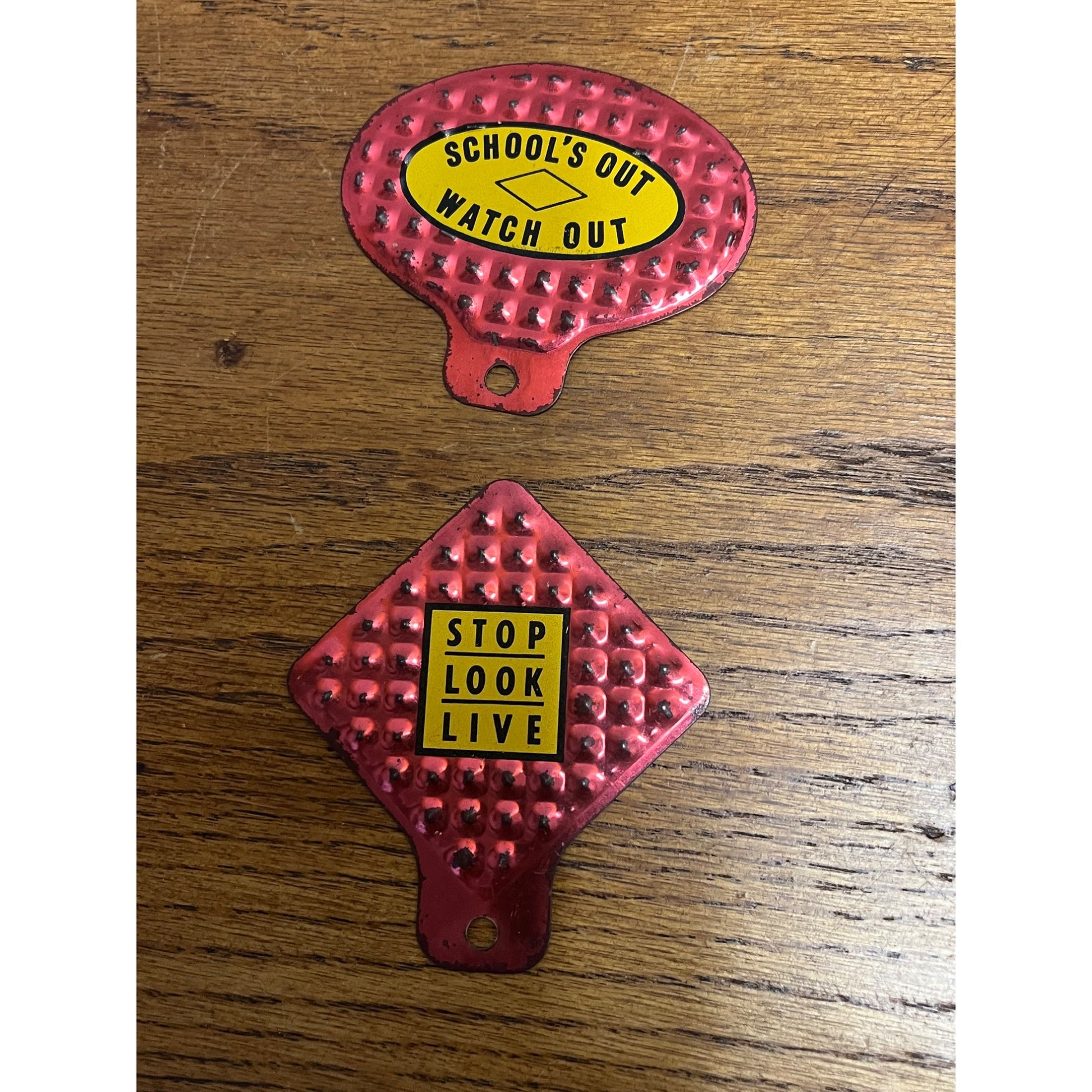 Vintage Lot (2) Bicycle License Plate Reflective Toppers School's Out Watch Out