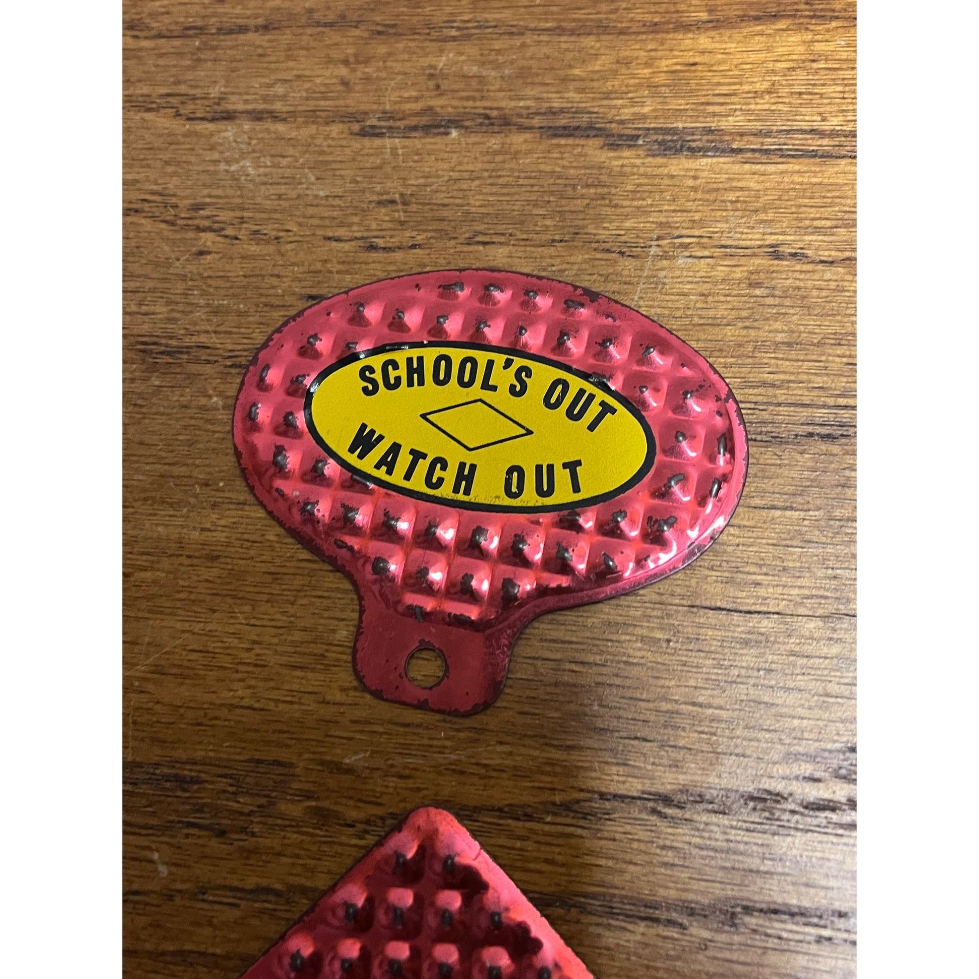 Vintage Lot (2) Bicycle License Plate Reflective Toppers School's Out Watch Out