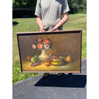 Vintage Original Floral Still Life Oil Painting Fruit Vase Grapes Framed Canvas