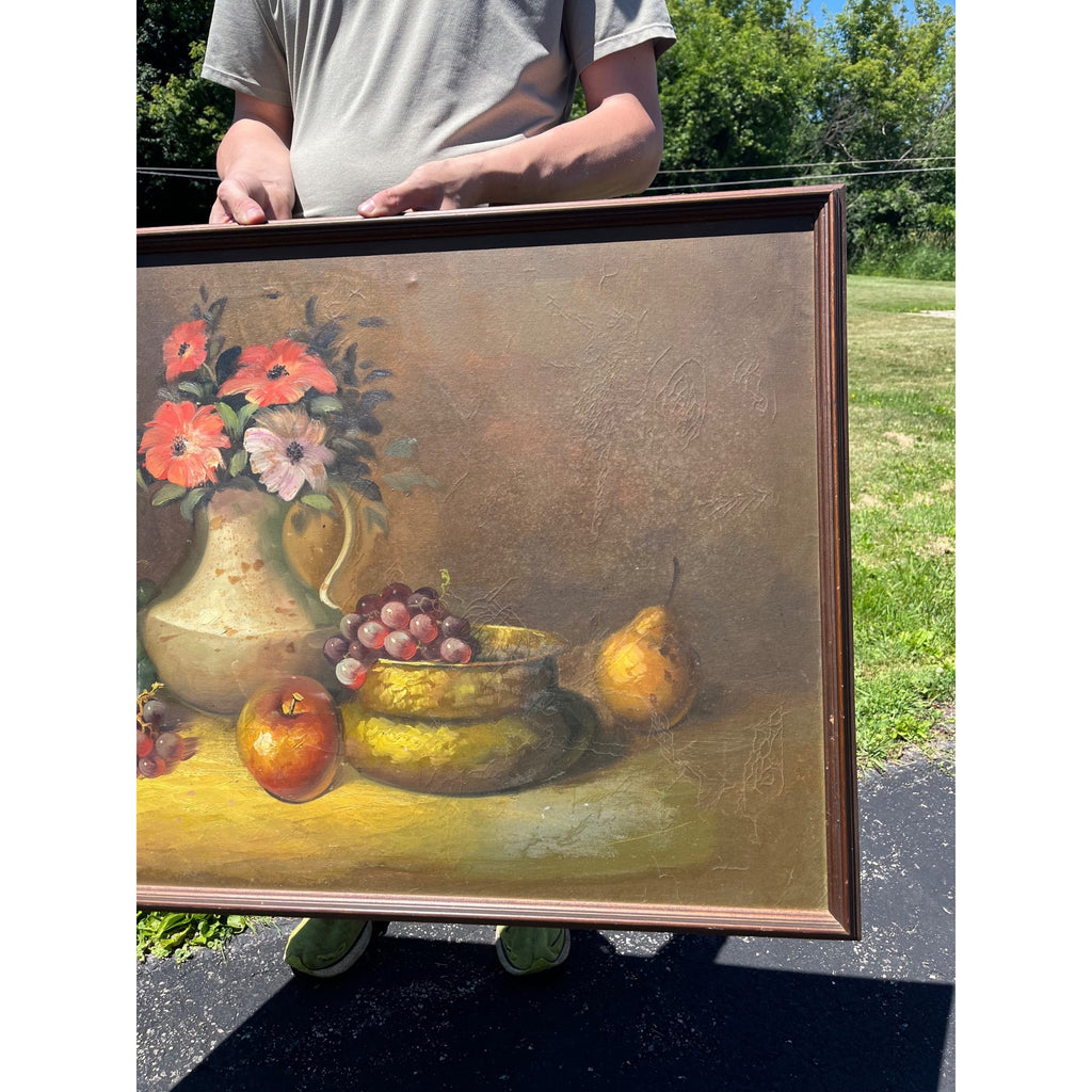 Vintage Original Floral Still Life Oil Painting Fruit Vase Grapes Framed Canvas