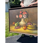 Vintage Original Floral Still Life Oil Painting Fruit Vase Grapes Framed Canvas