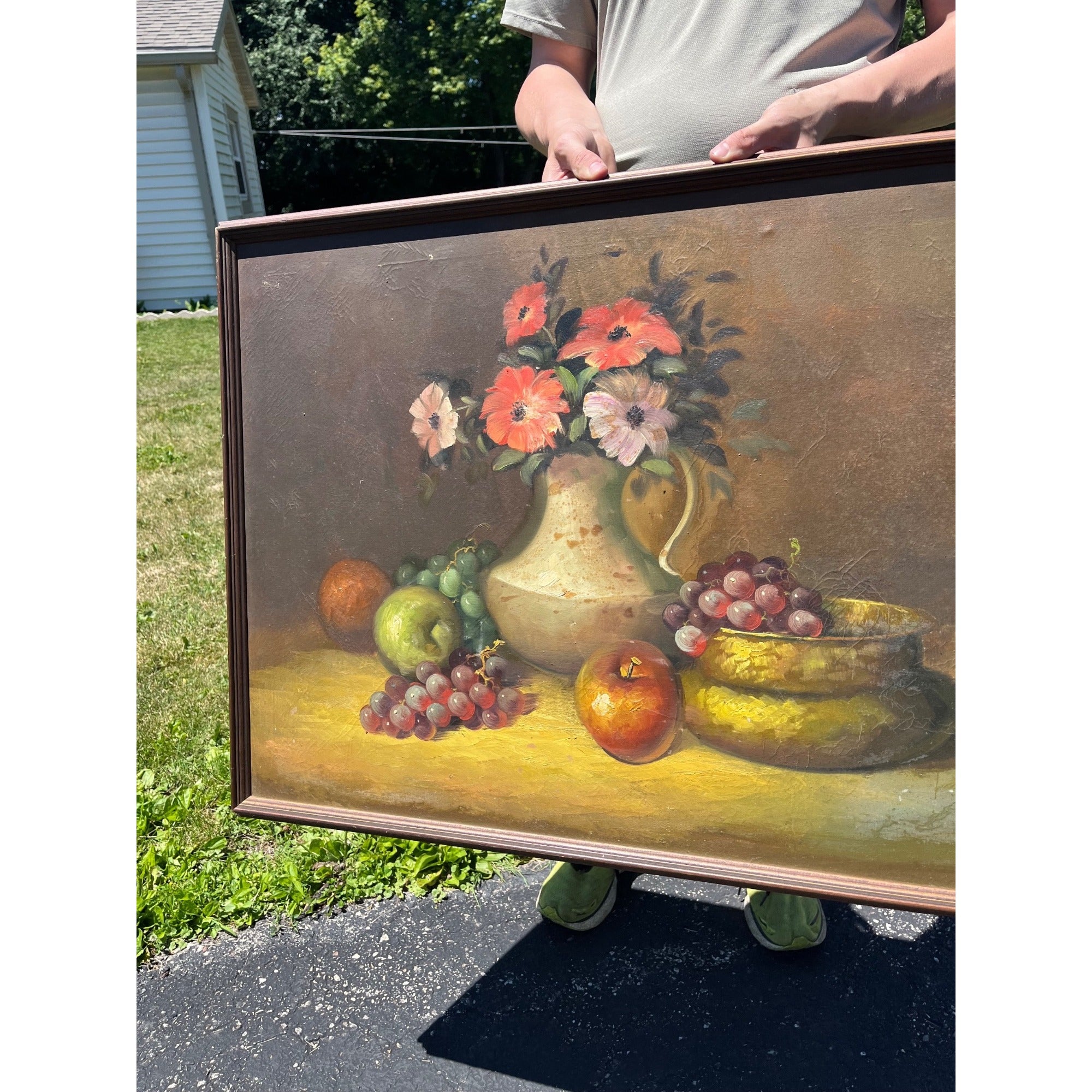 Vintage Original Floral Still Life Oil Painting Fruit Vase Grapes Framed Canvas