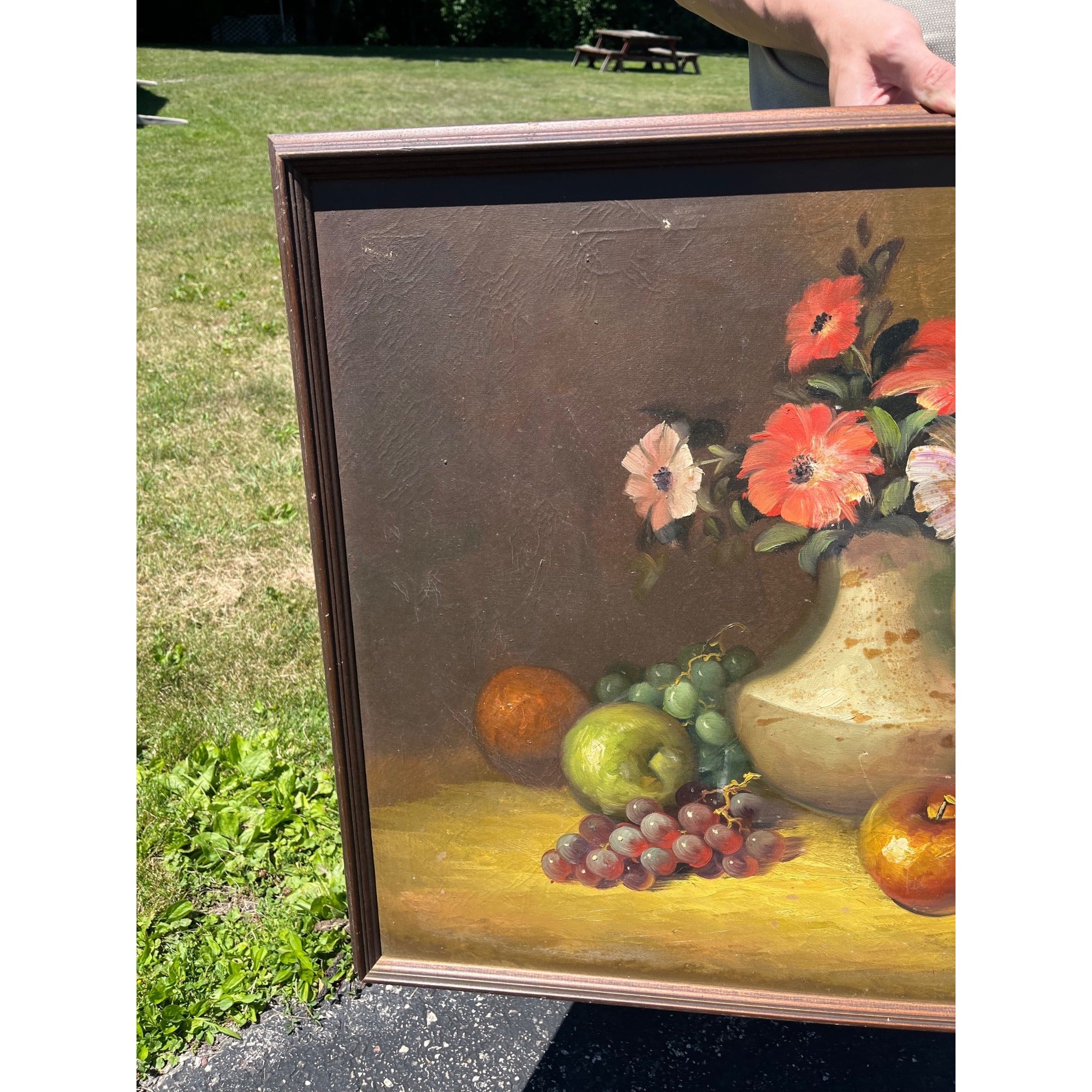 Vintage Original Floral Still Life Oil Painting Fruit Vase Grapes Framed Canvas