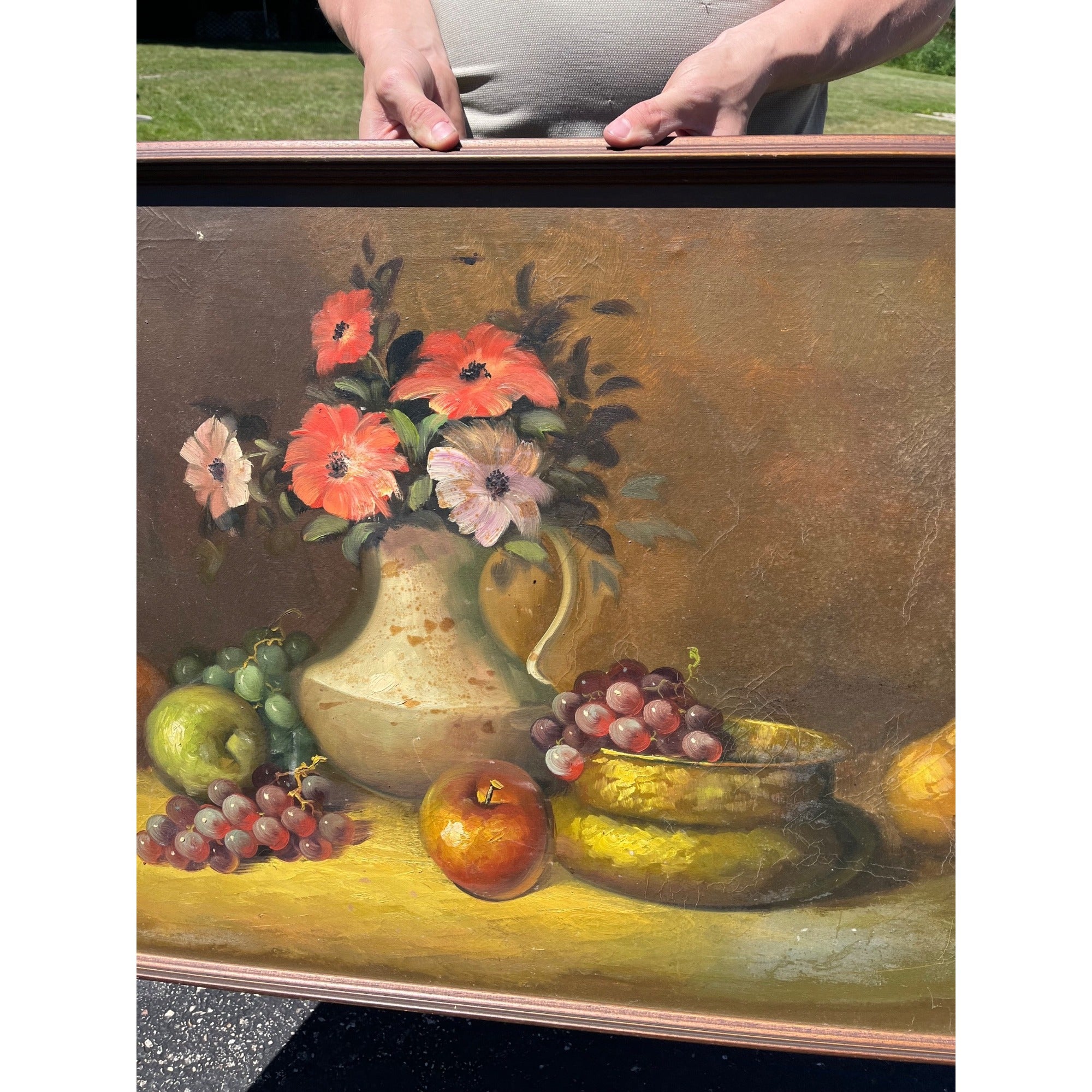 Vintage Original Floral Still Life Oil Painting Fruit Vase Grapes Framed Canvas