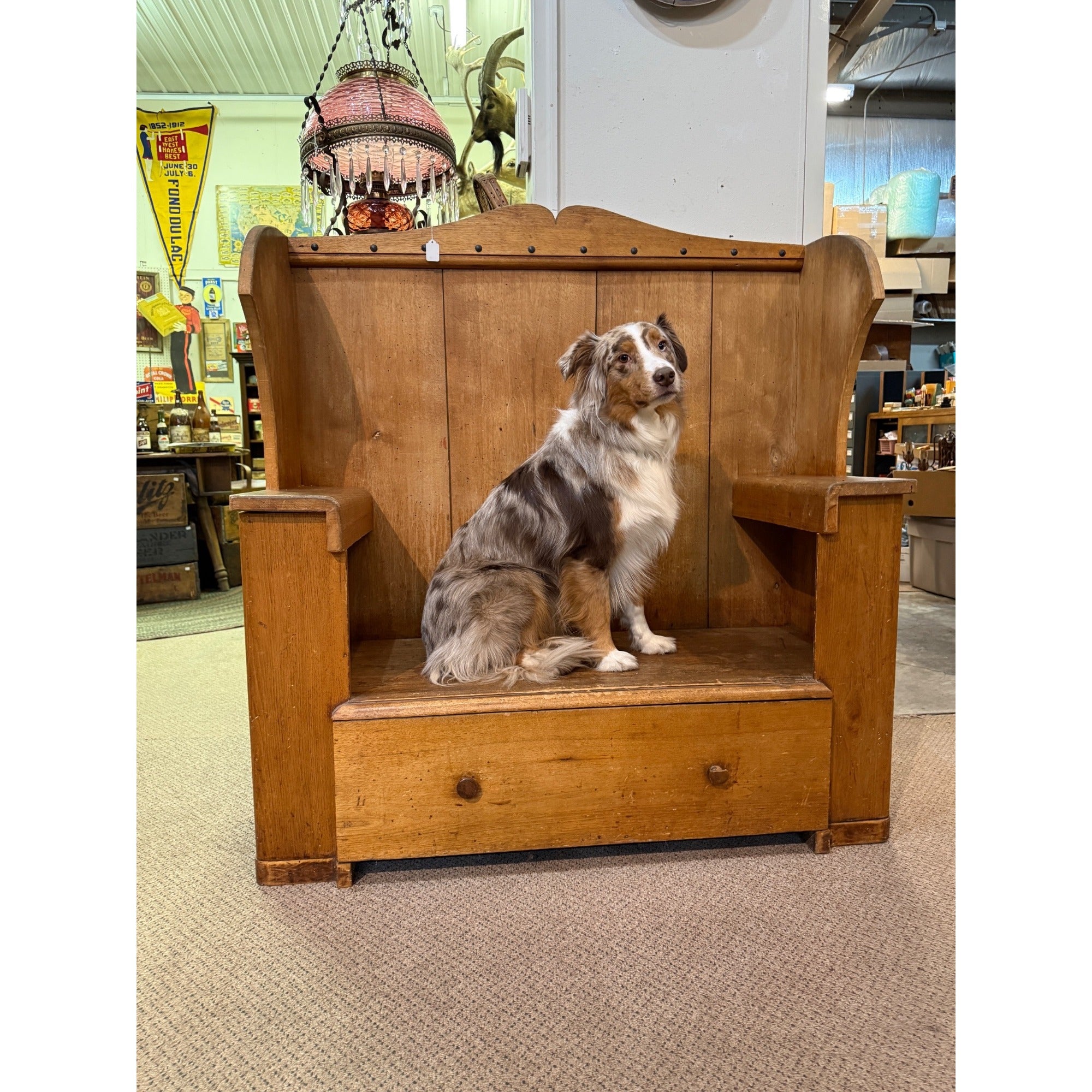 Antique Primitive Wooden Tall-Back Bench Seat Handmade Entryway Cabinet