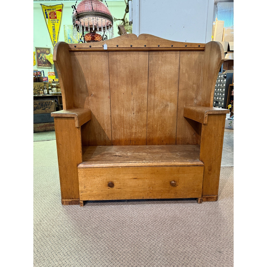 Antique Primitive Wooden Tall-Back Bench Seat Handmade Entryway Cabinet