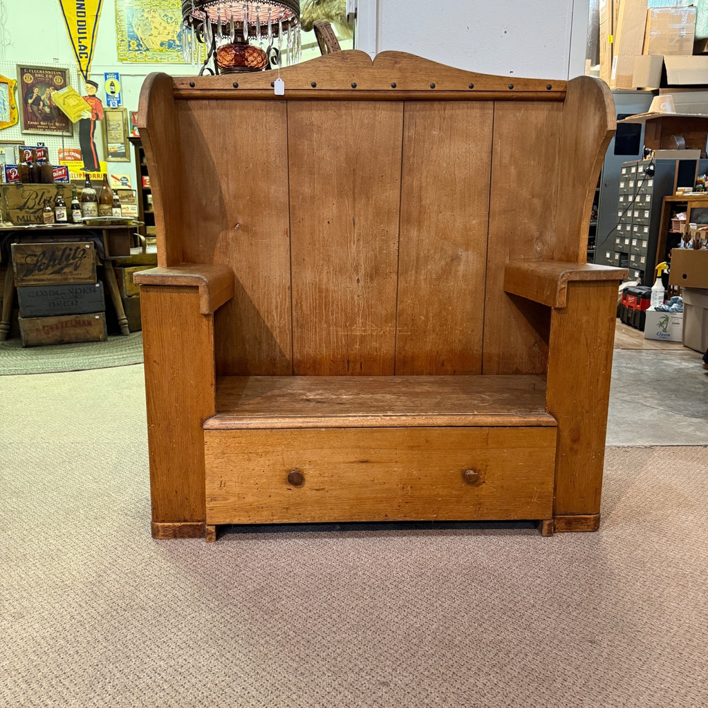 Antique Primitive Wooden Tall-Back Bench Seat Handmade Entryway Cabinet