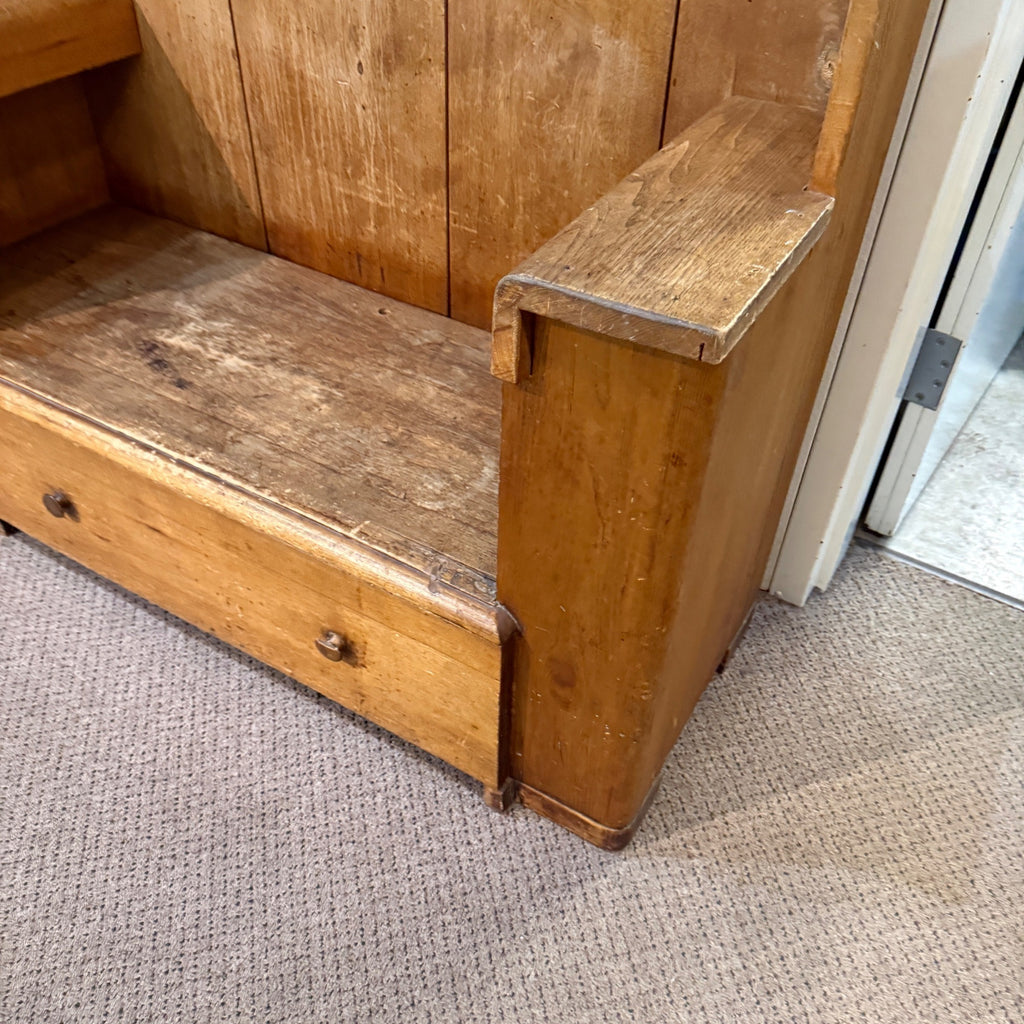 Antique Primitive Wooden Tall-Back Bench Seat Handmade Entryway Cabinet