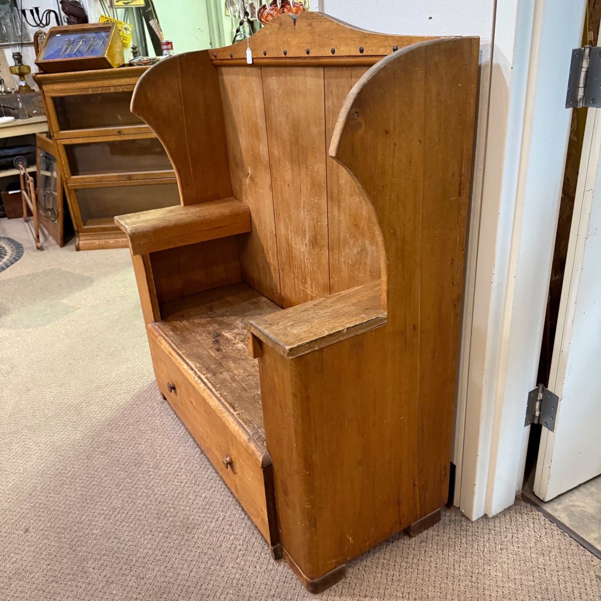 Antique Primitive Wooden Tall-Back Bench Seat Handmade Entryway Cabinet