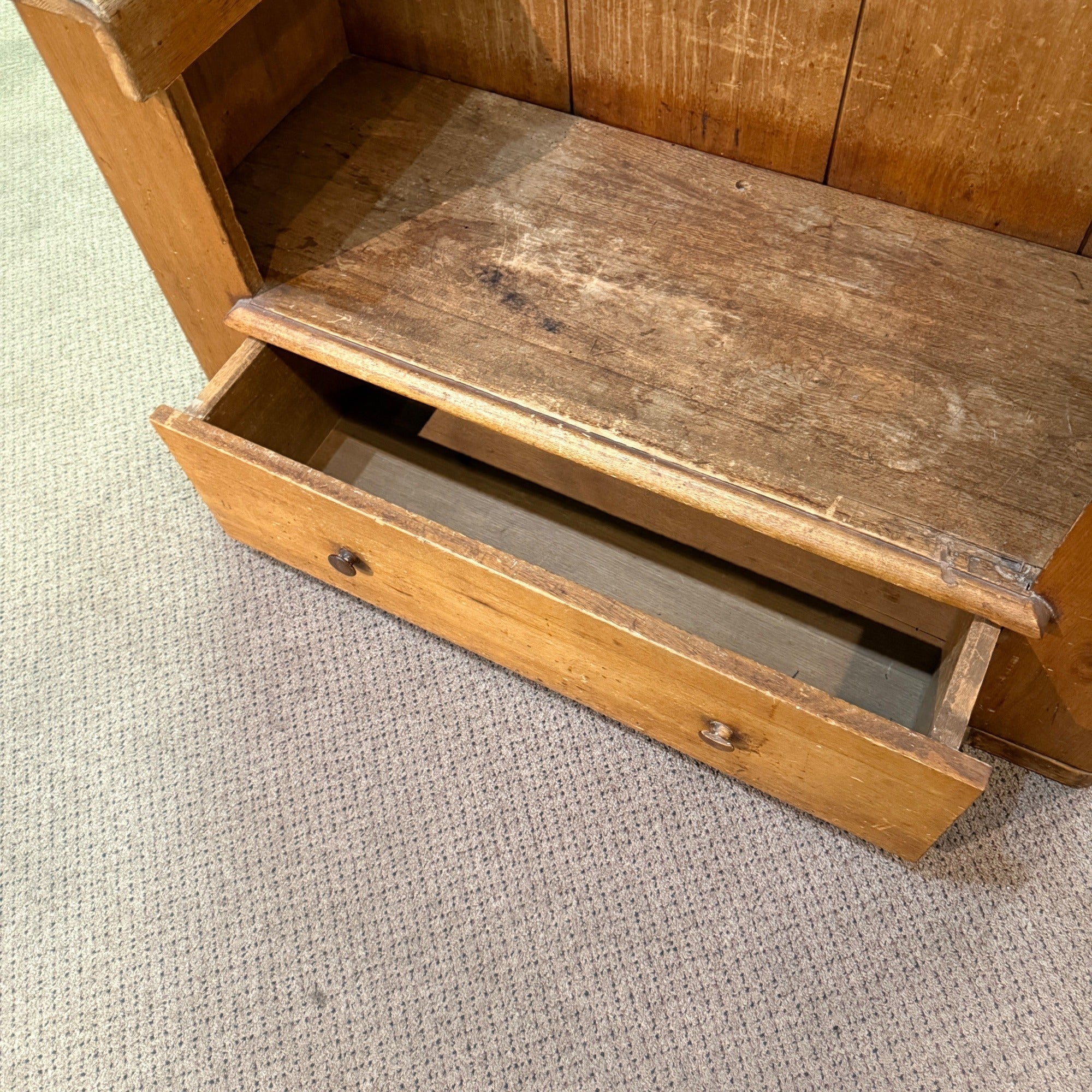 Antique Primitive Wooden Tall-Back Bench Seat Handmade Entryway Cabinet