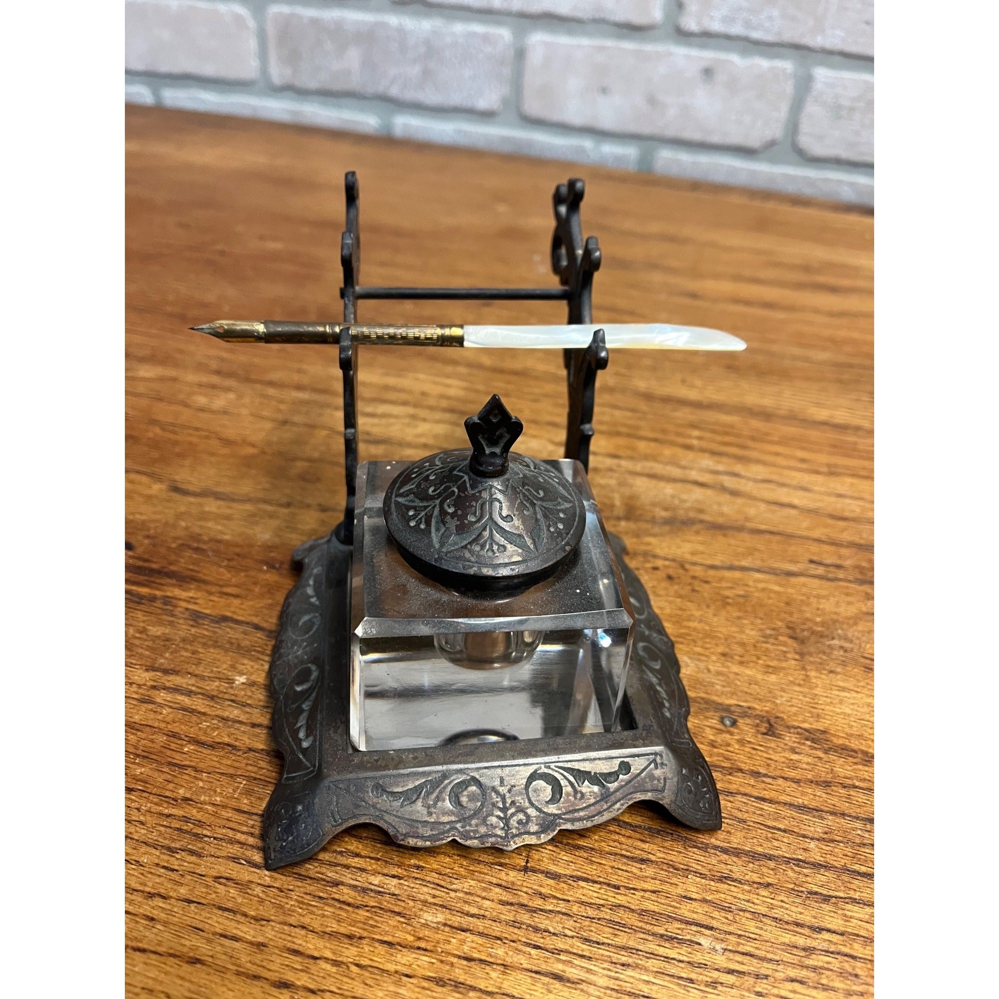 Antique Victorian Cast Iron & Glass Inkwell Fountain Pen Rest