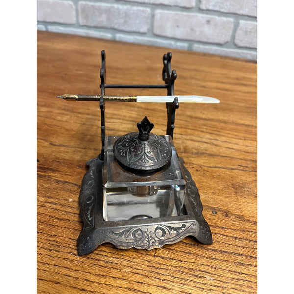 Antique Victorian Cast Iron & Glass Inkwell Fountain Pen Rest