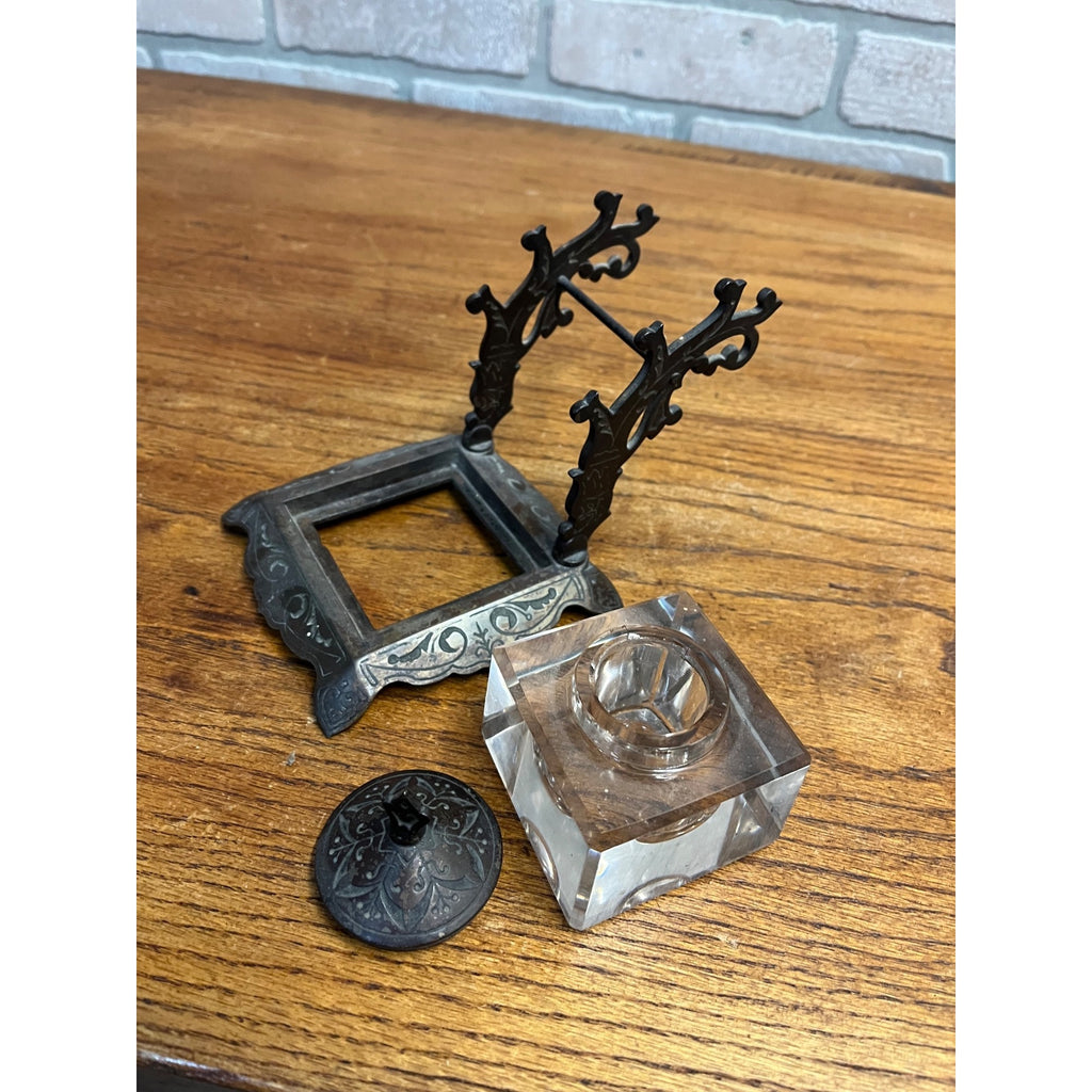 Antique Victorian Cast Iron & Glass Inkwell Fountain Pen Rest