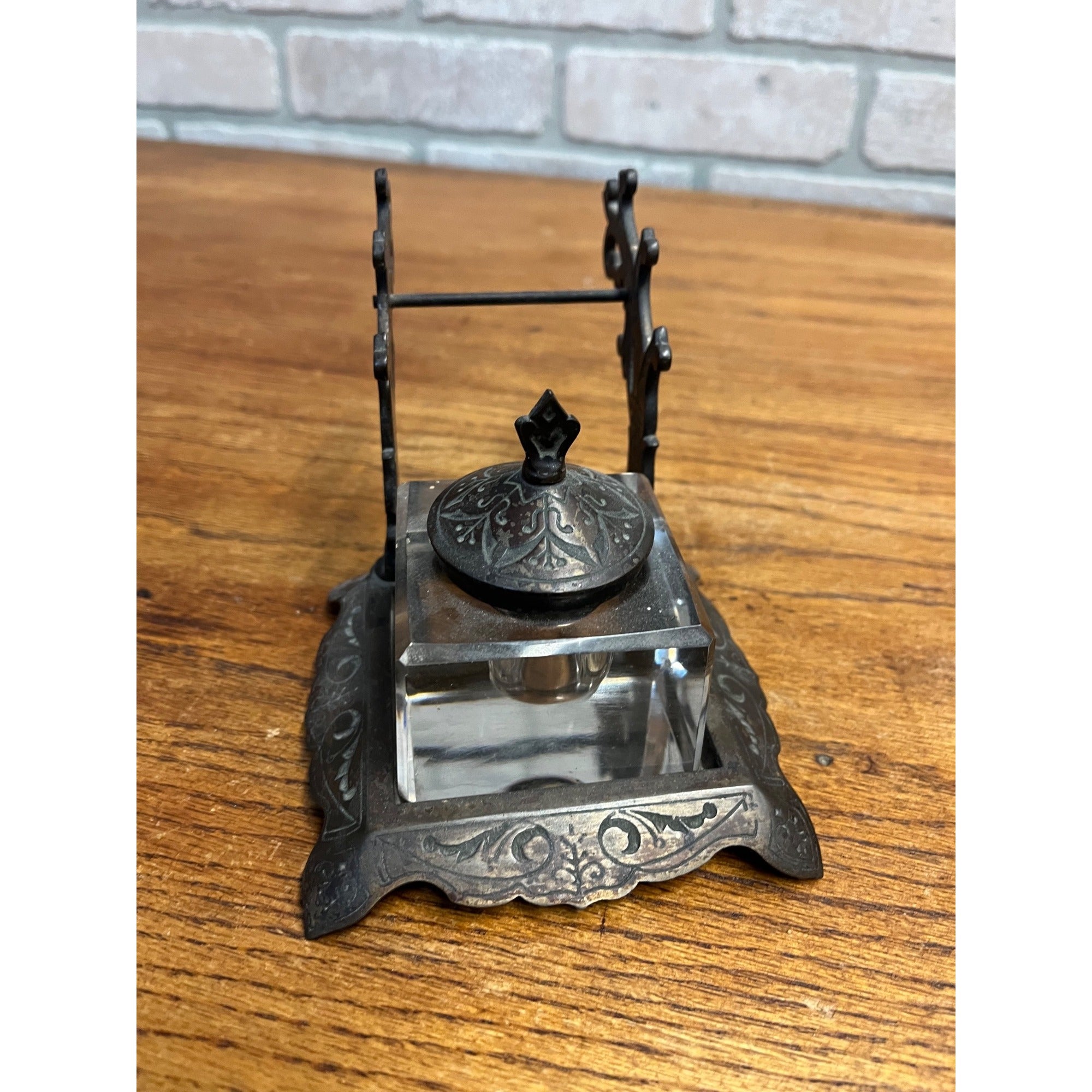 Antique Victorian Cast Iron & Glass Inkwell Fountain Pen Rest
