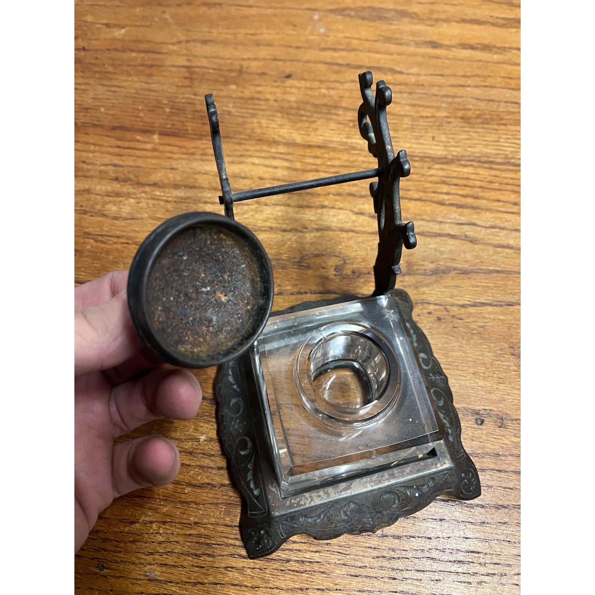 Antique Victorian Cast Iron & Glass Inkwell Fountain Pen Rest