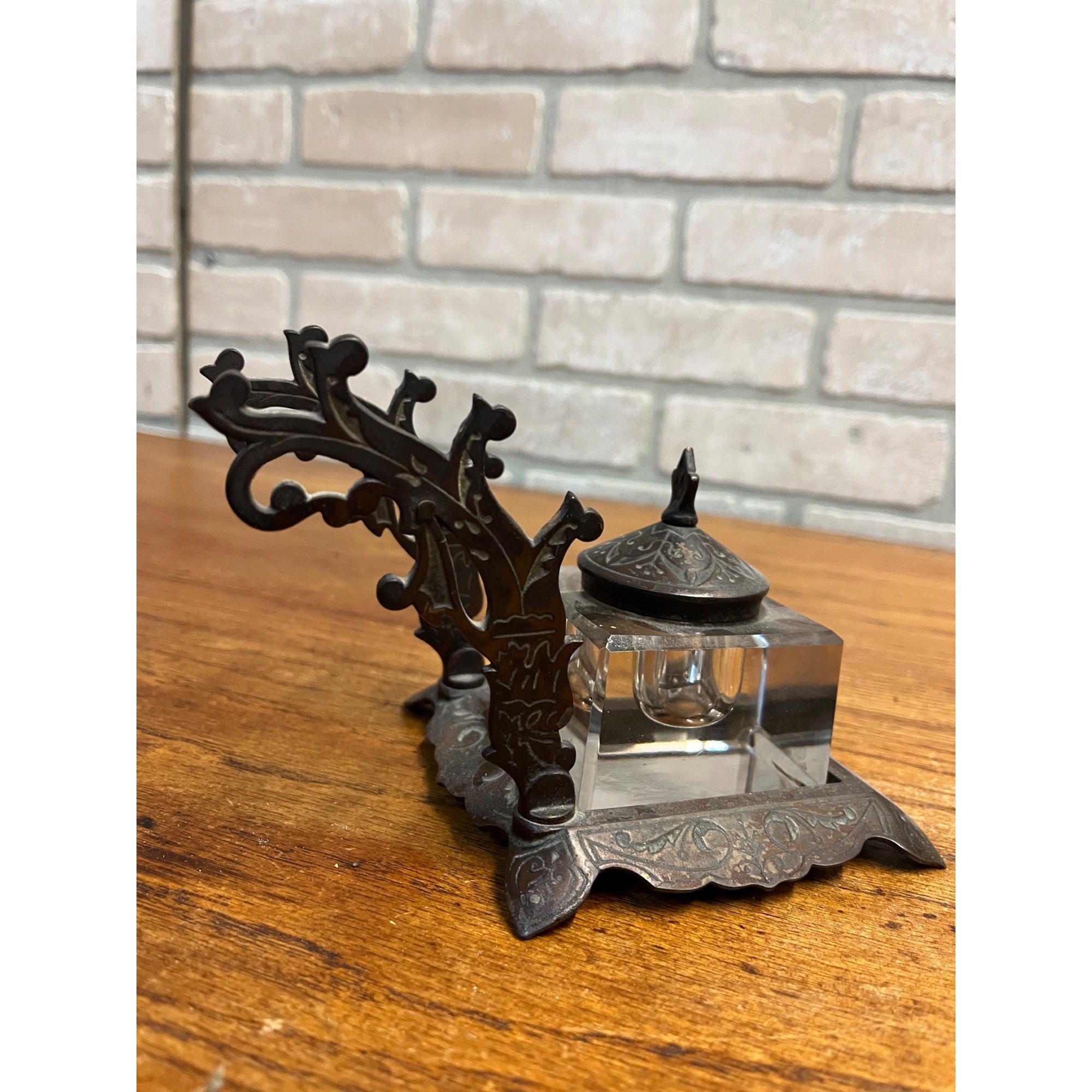 Antique Victorian Cast Iron & Glass Inkwell Fountain Pen Rest