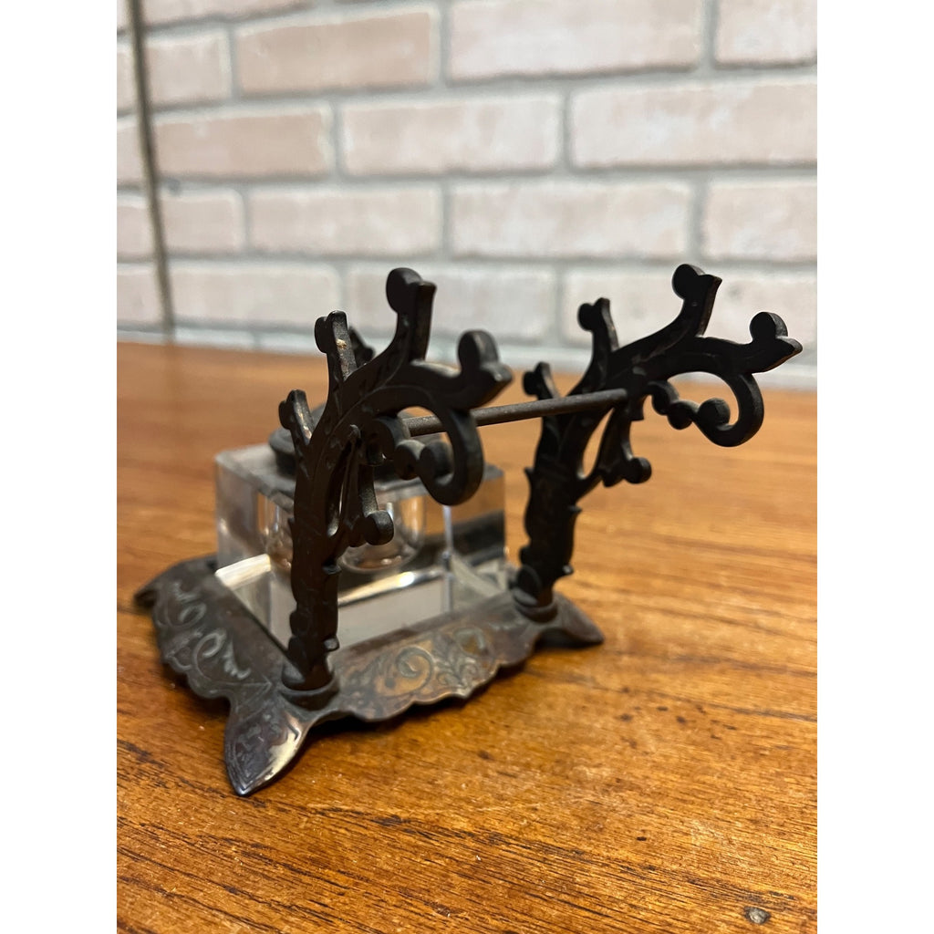 Antique Victorian Cast Iron & Glass Inkwell Fountain Pen Rest