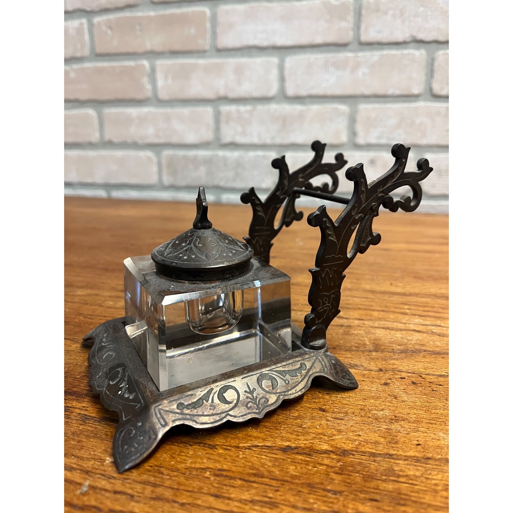 Antique Victorian Cast Iron & Glass Inkwell Fountain Pen Rest