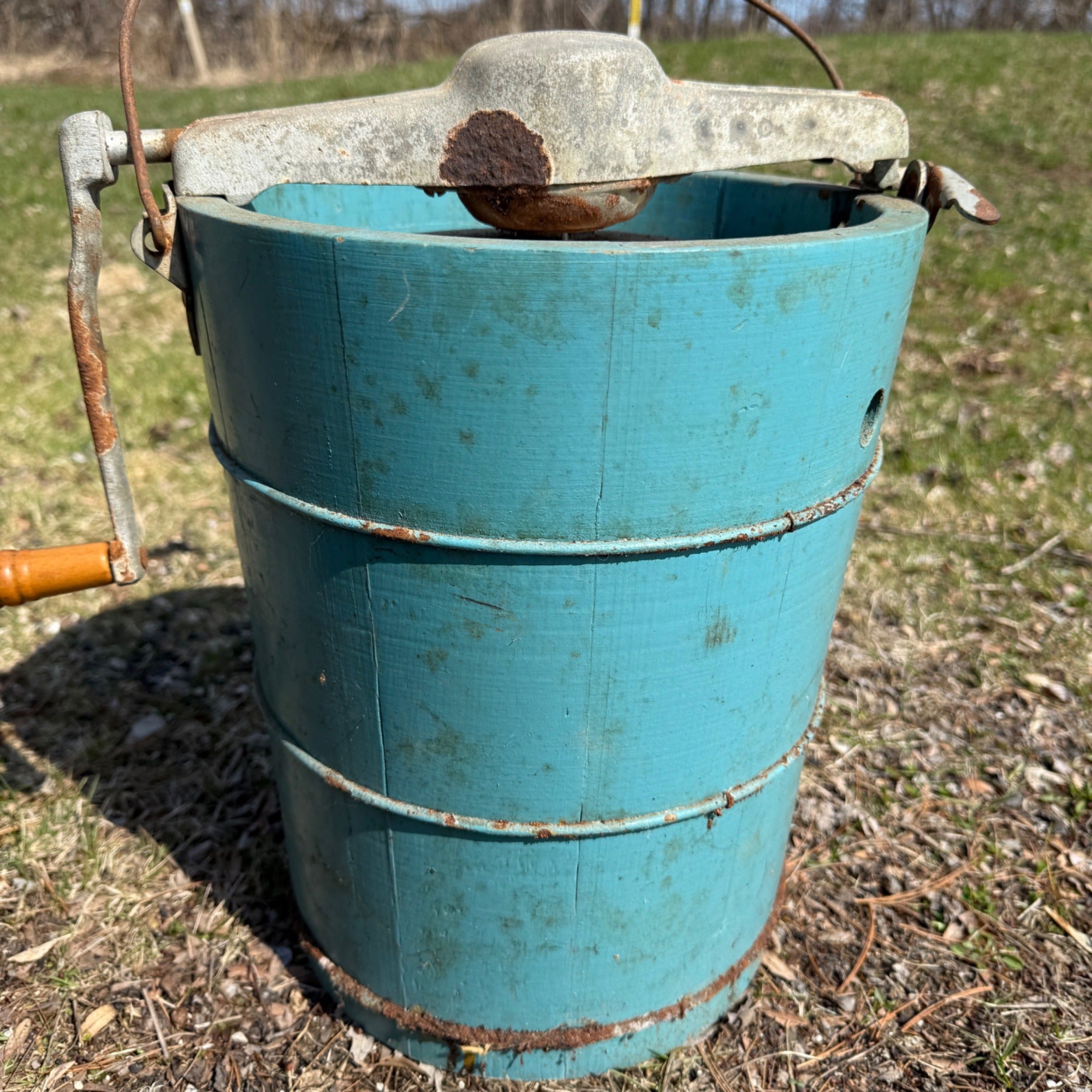 Antique Primitive Wooden Blue Ice Cream Maker Hand Crank Freezer Farmhouse