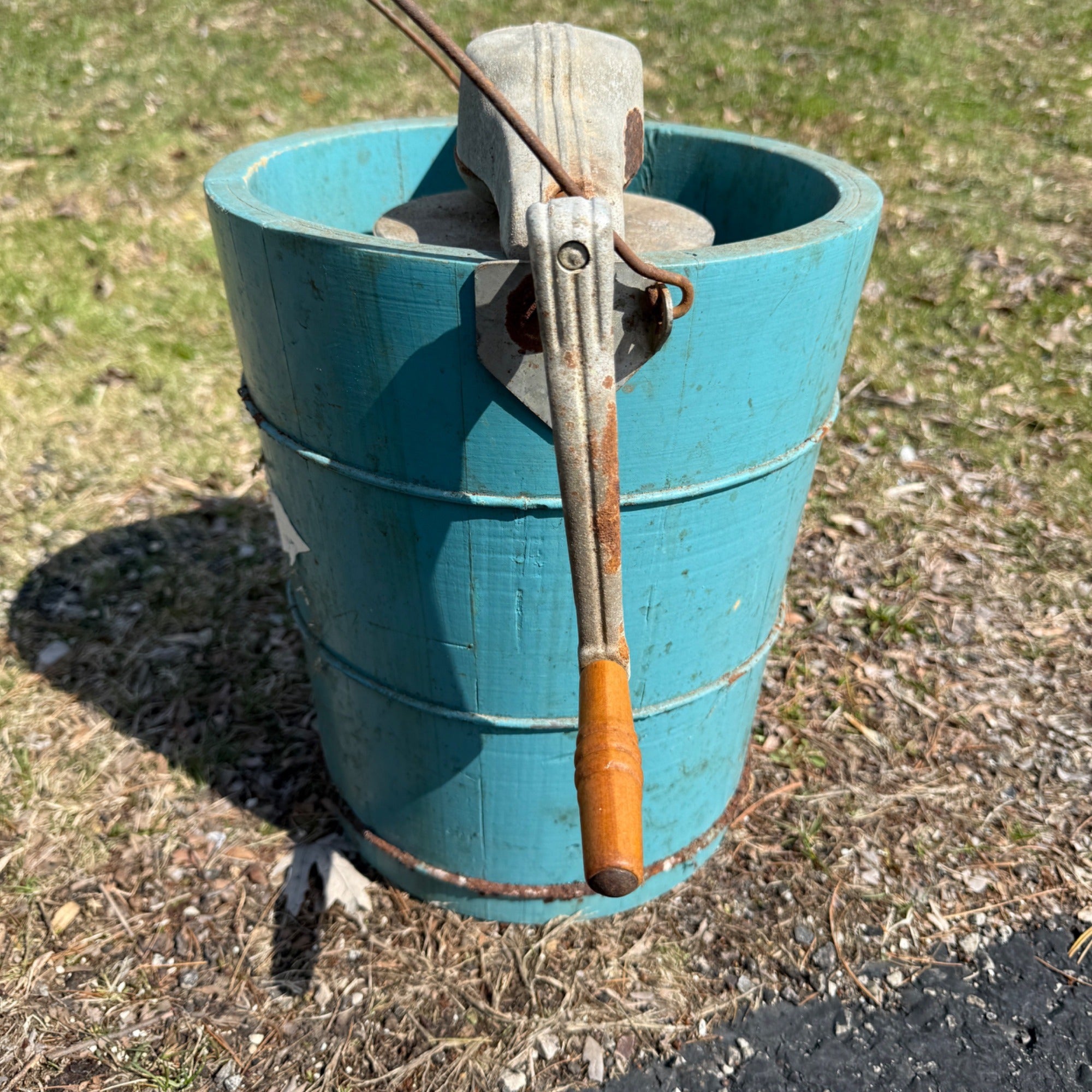 Antique Primitive Wooden Blue Ice Cream Maker Hand Crank Freezer Farmhouse