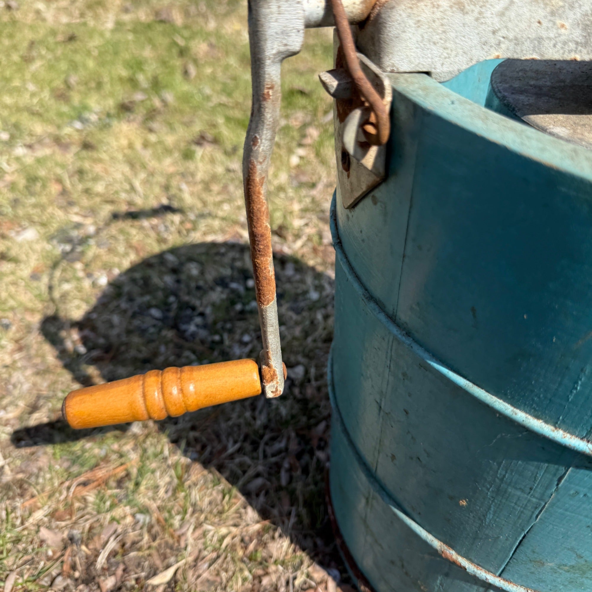 Antique Primitive Wooden Blue Ice Cream Maker Hand Crank Freezer Farmhouse