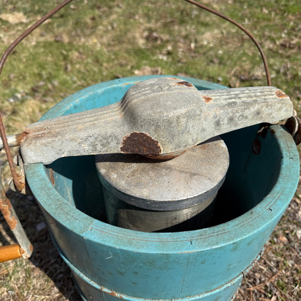 Antique Primitive Wooden Blue Ice Cream Maker Hand Crank Freezer Farmhouse