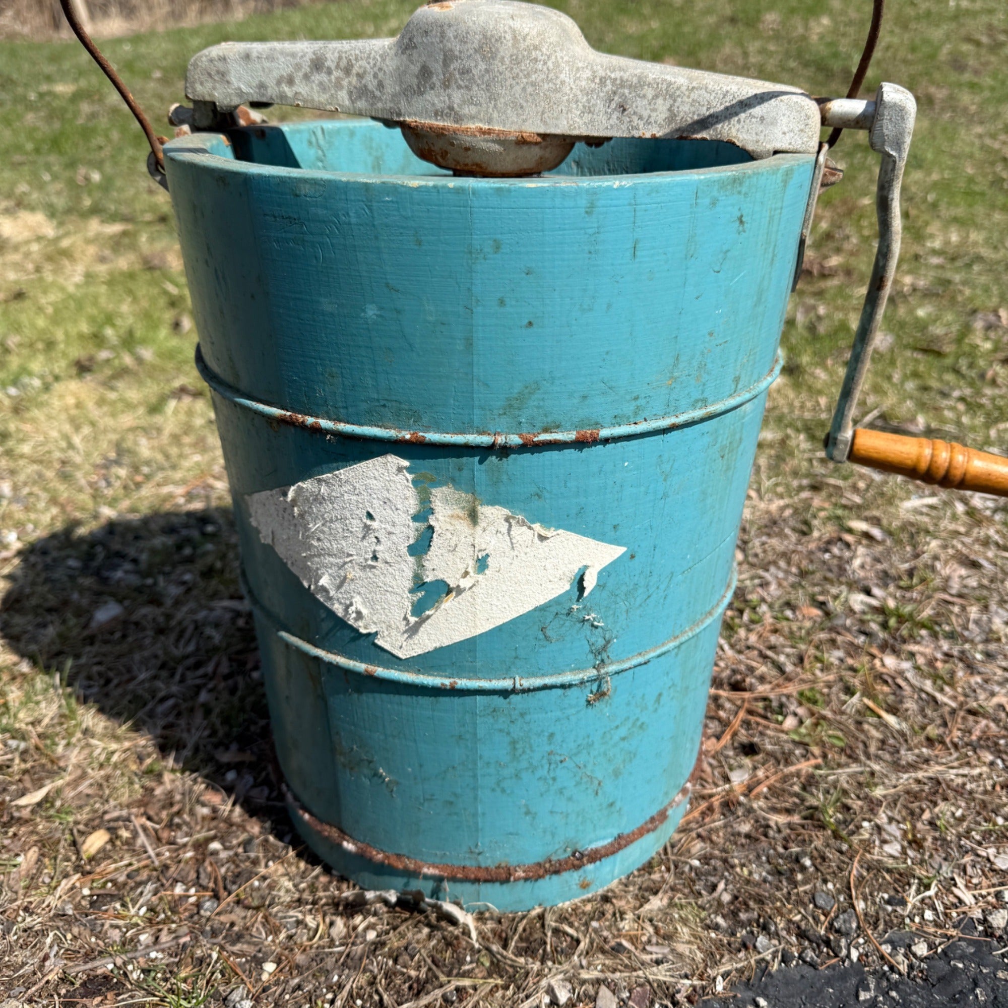 Antique Primitive Wooden Blue Ice Cream Maker Hand Crank Freezer Farmhouse