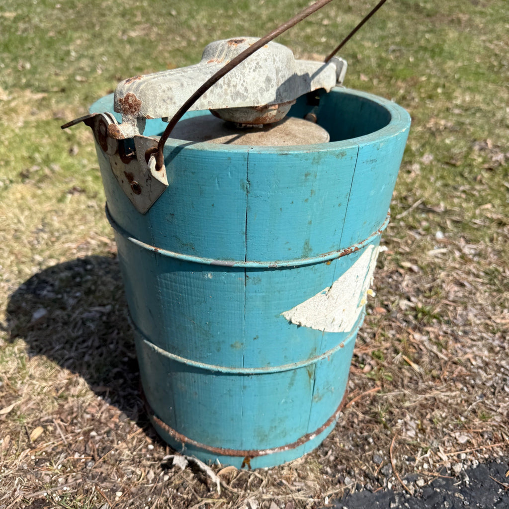 Antique Primitive Wooden Blue Ice Cream Maker Hand Crank Freezer Farmhouse