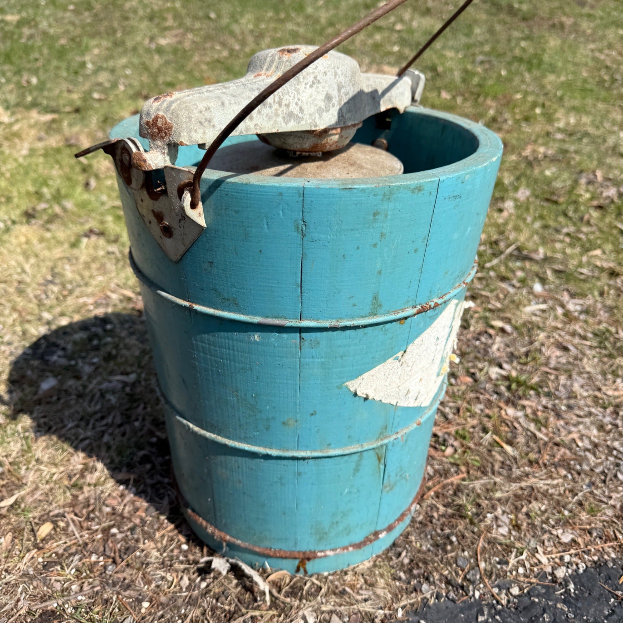Antique Primitive Wooden Blue Ice Cream Maker Hand Crank Freezer Farmhouse