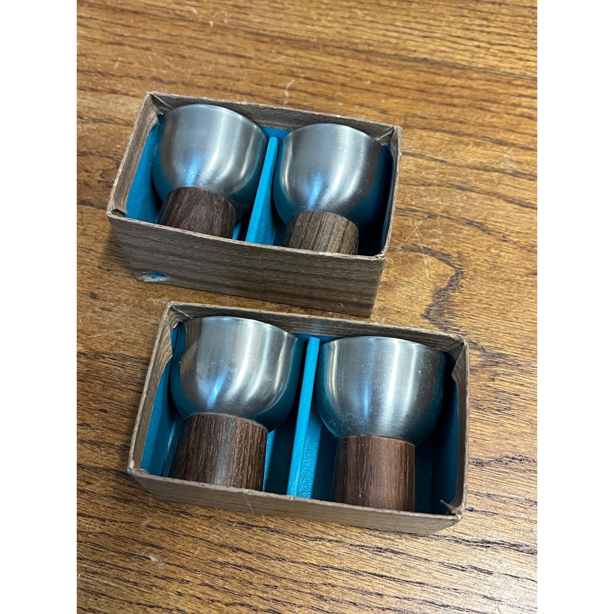 Set of 4 Vintage MCM Japan Stainless Steel and Teak Egg Cups